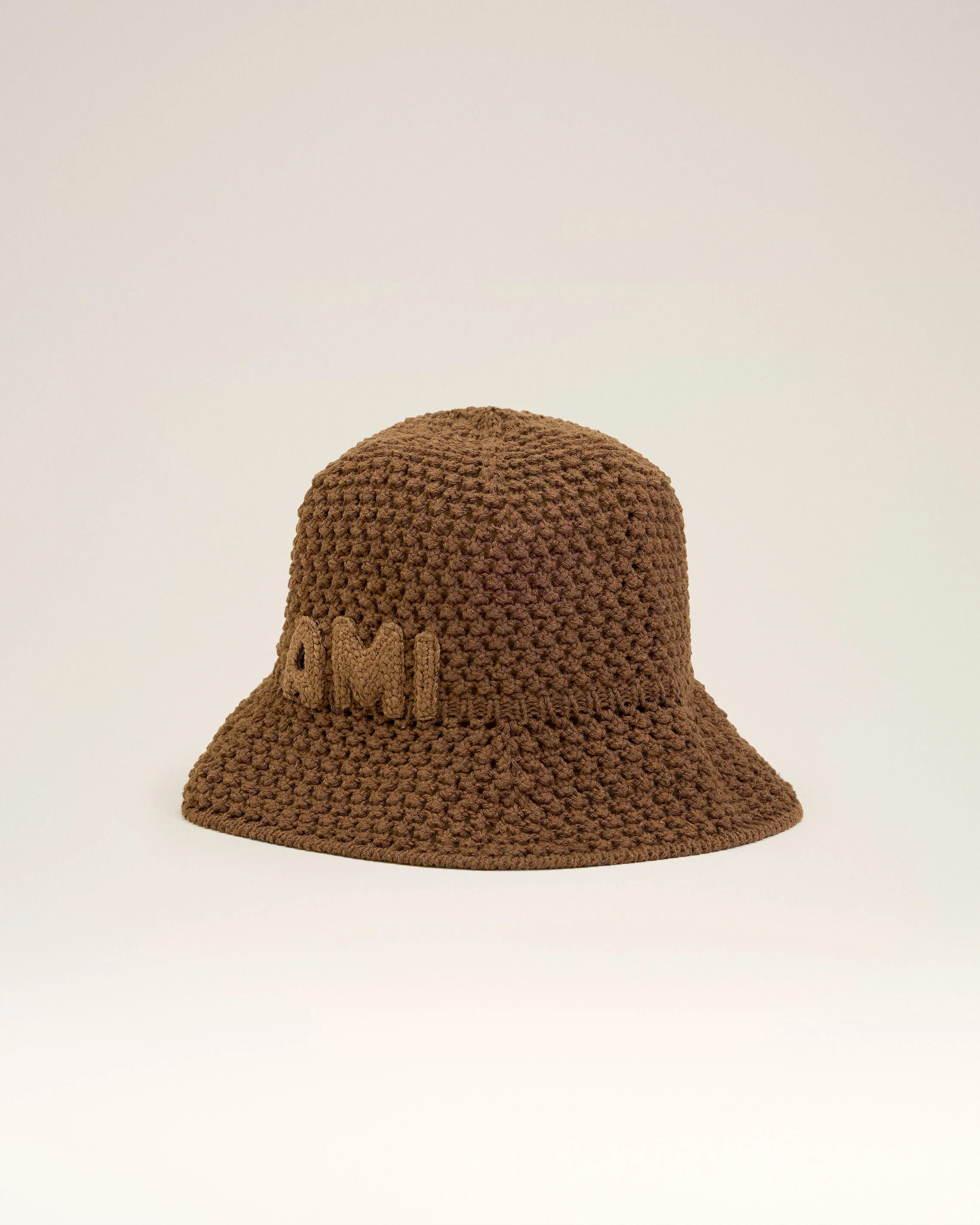 BROWN COTTON KNITTED AMI PATCH BUCKET HAT - 1
