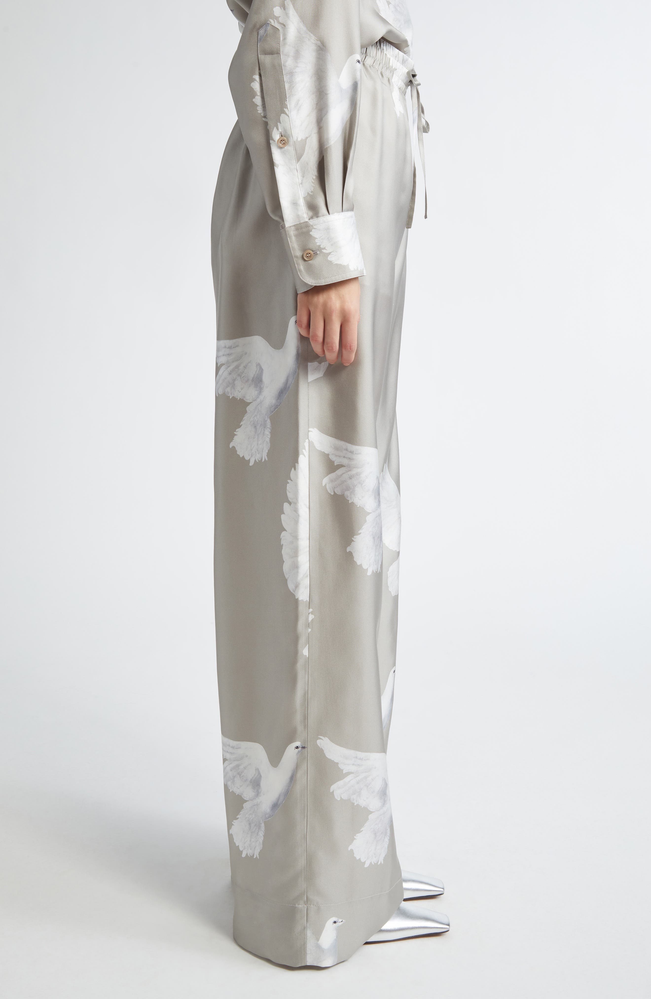 Stella McCartney Birds Print Silk Satin Pants in Mud at Nordstrom - 4