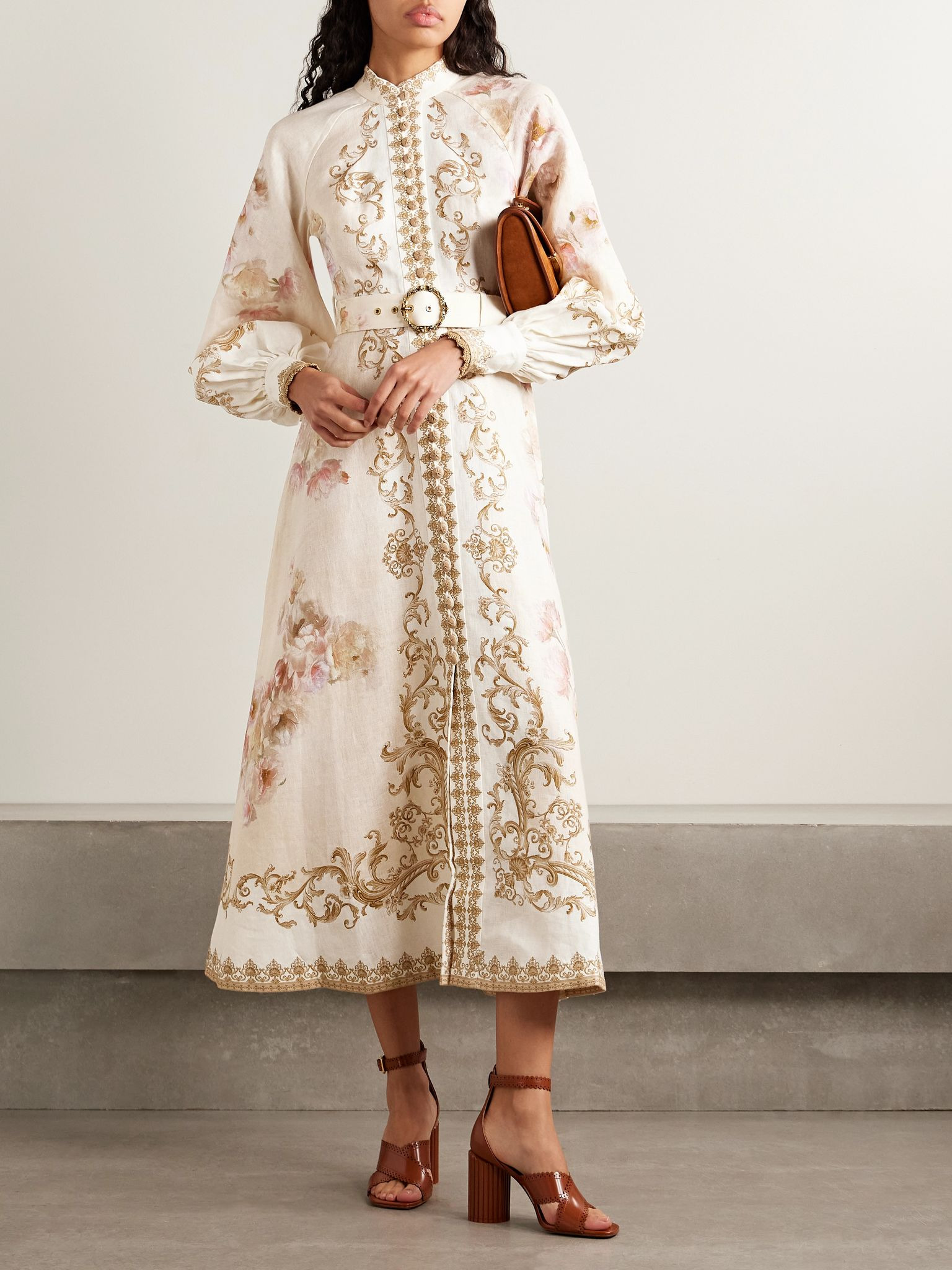 Belted floral-print linen midi dress Cream - 2