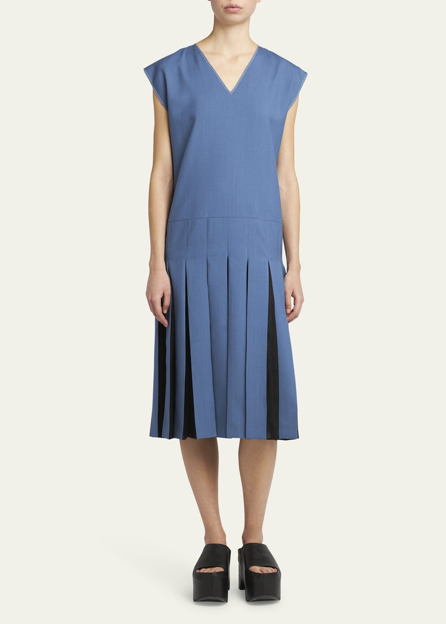 Pleated V-Neck Midi Dress - 2