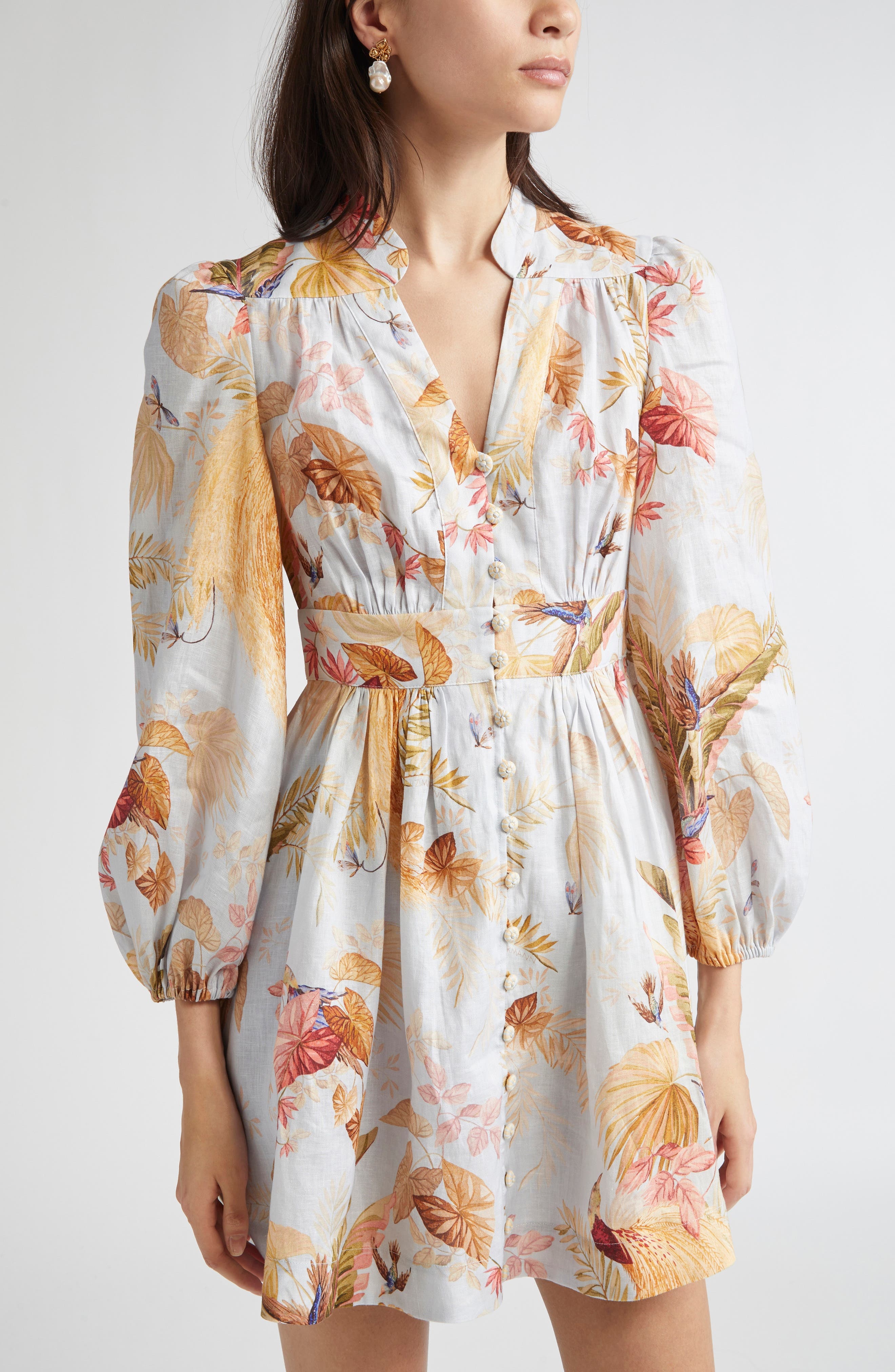 Zimmermann Ascension Floral Long Sleeve Linen Minidress in Light Blue Palm Floral at Nordstrom - 4
