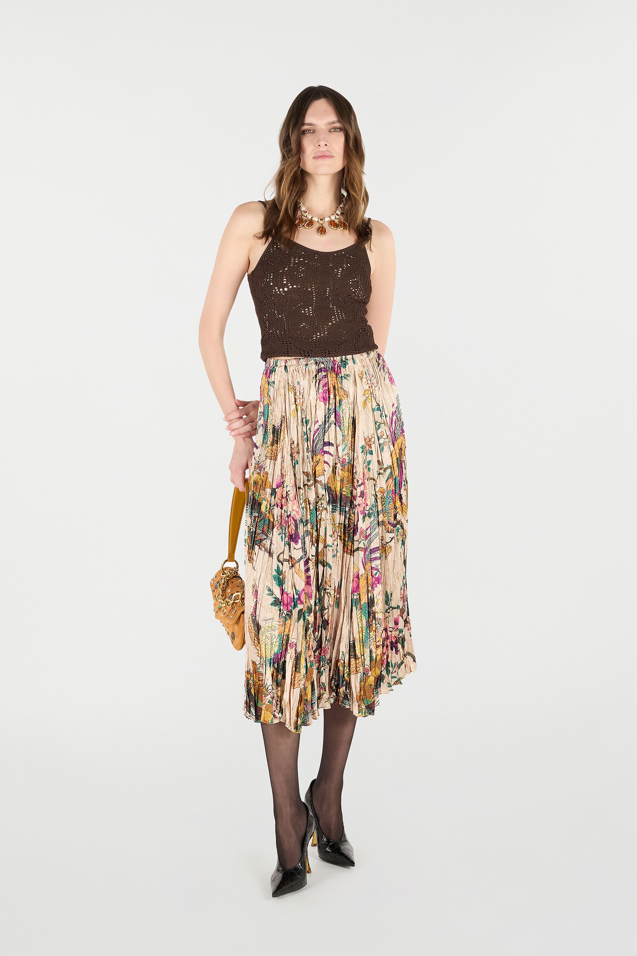 Midi Skirt with Floral and Pheasant Print - 2