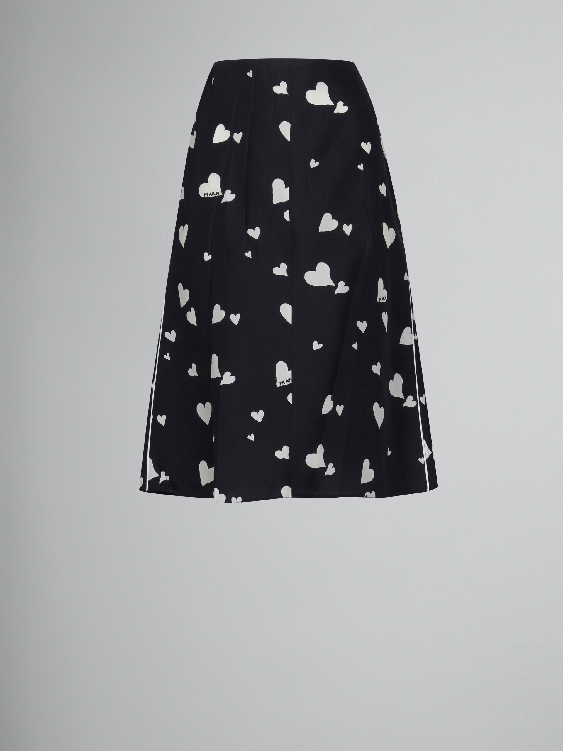 BLACK FLARED SILK SKIRT WITH BUNCH OF HEARTS PRINT - 1