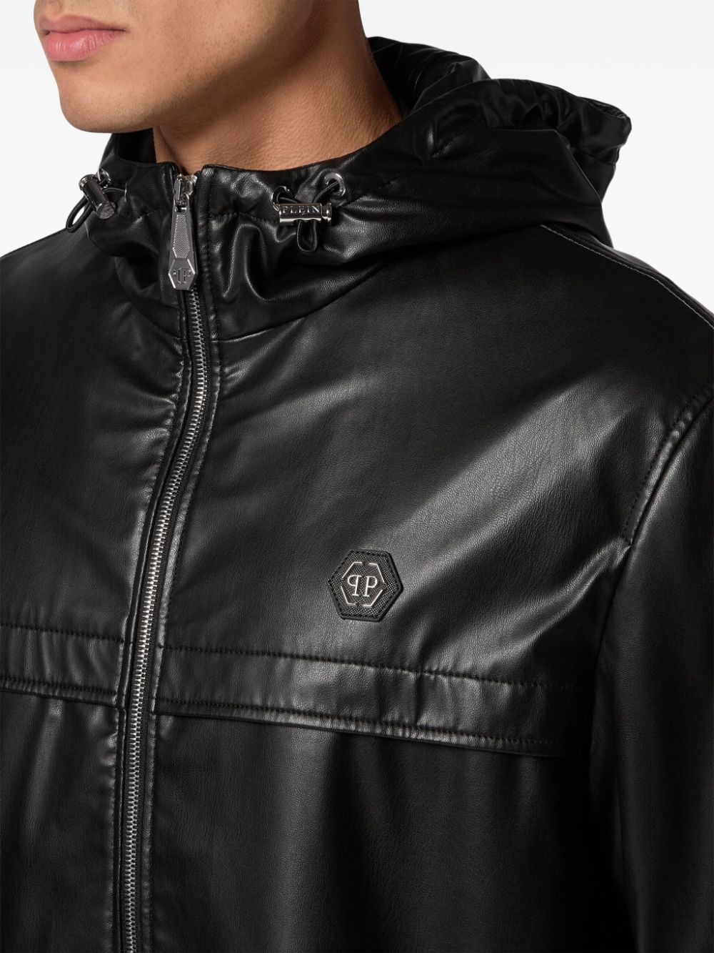 logo-appliquÃ© hooded leather jacket - 5