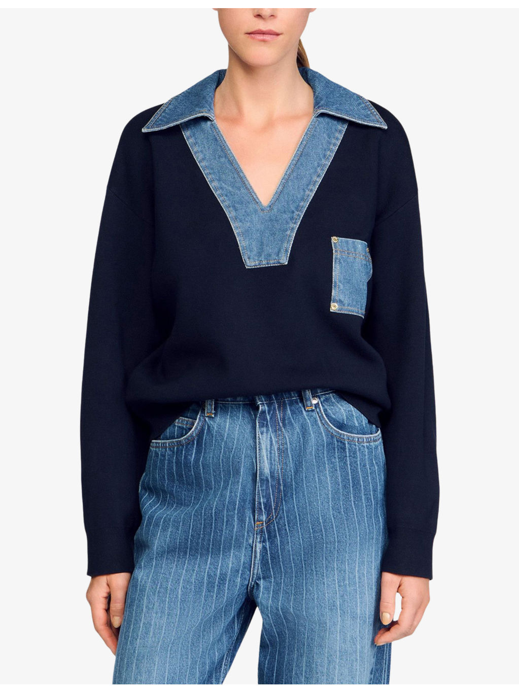 Denim-Detail Relaxed-Fit Knitted Jumper - 3