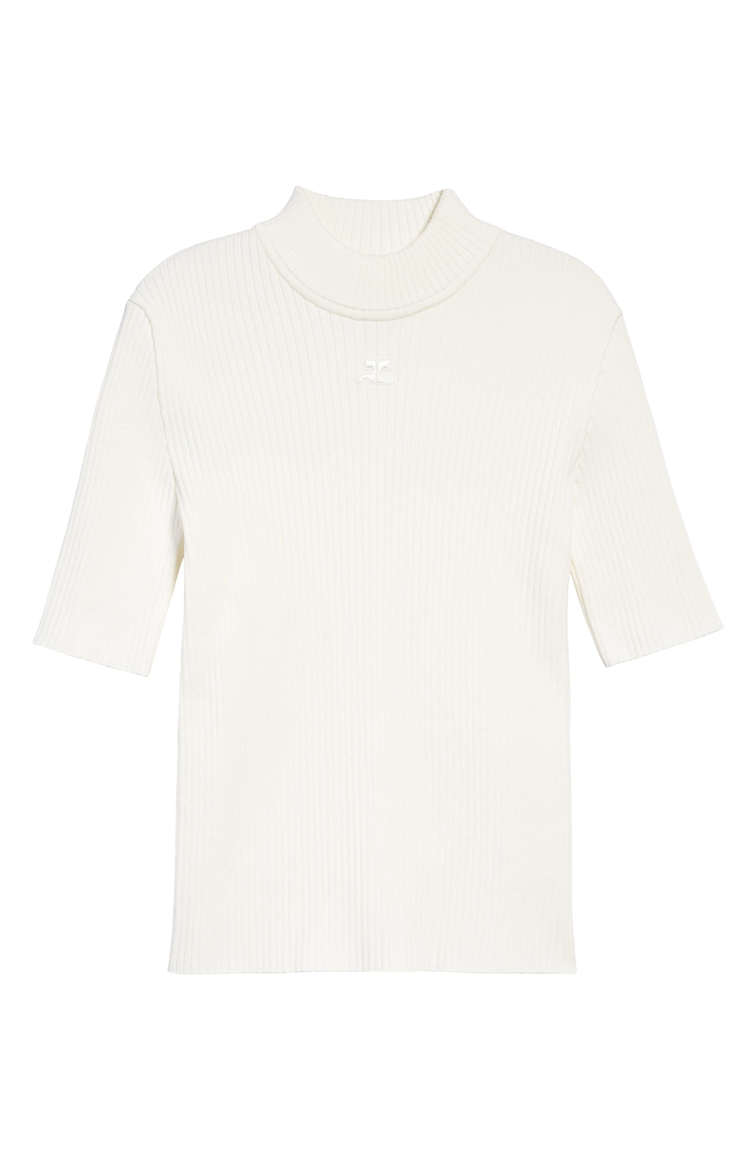Courrèges Embroidered Logo Mock Neck Rib Sweater in Heritage White at Nordstrom - 5