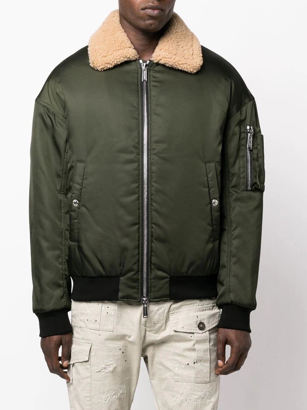 faux shearling-trim zip-up bomber jacket - 3