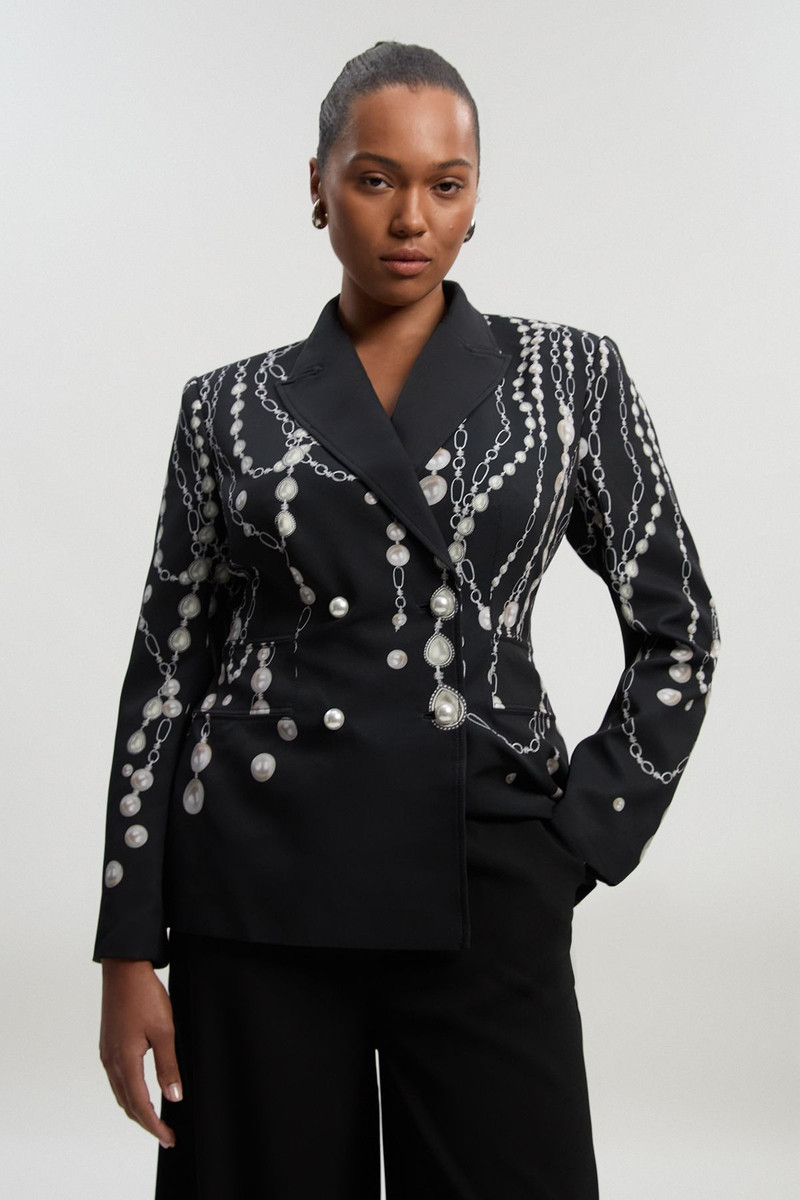 Archive Collection - Plus Size Pearl Chain Print Satin Double Breasted Tailored Blazer 1
