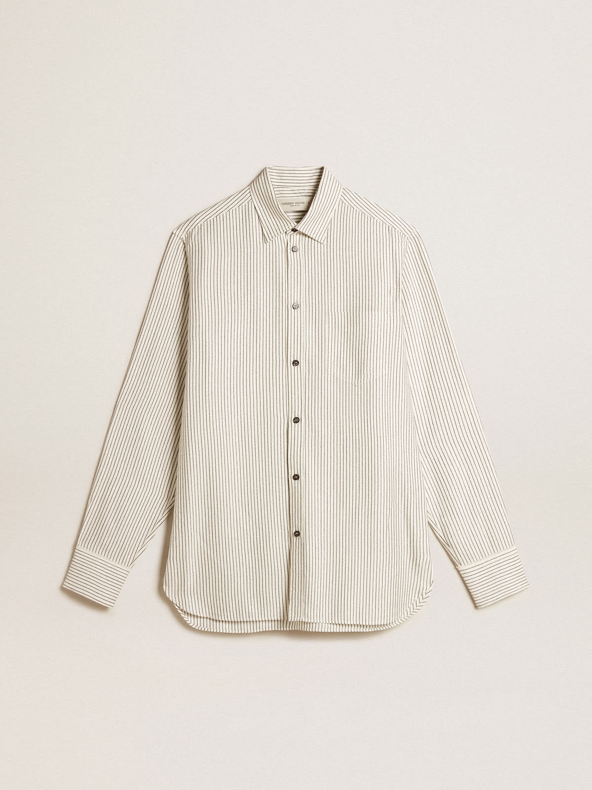 Men’s white viscose shirt with narrow black stripes - 1