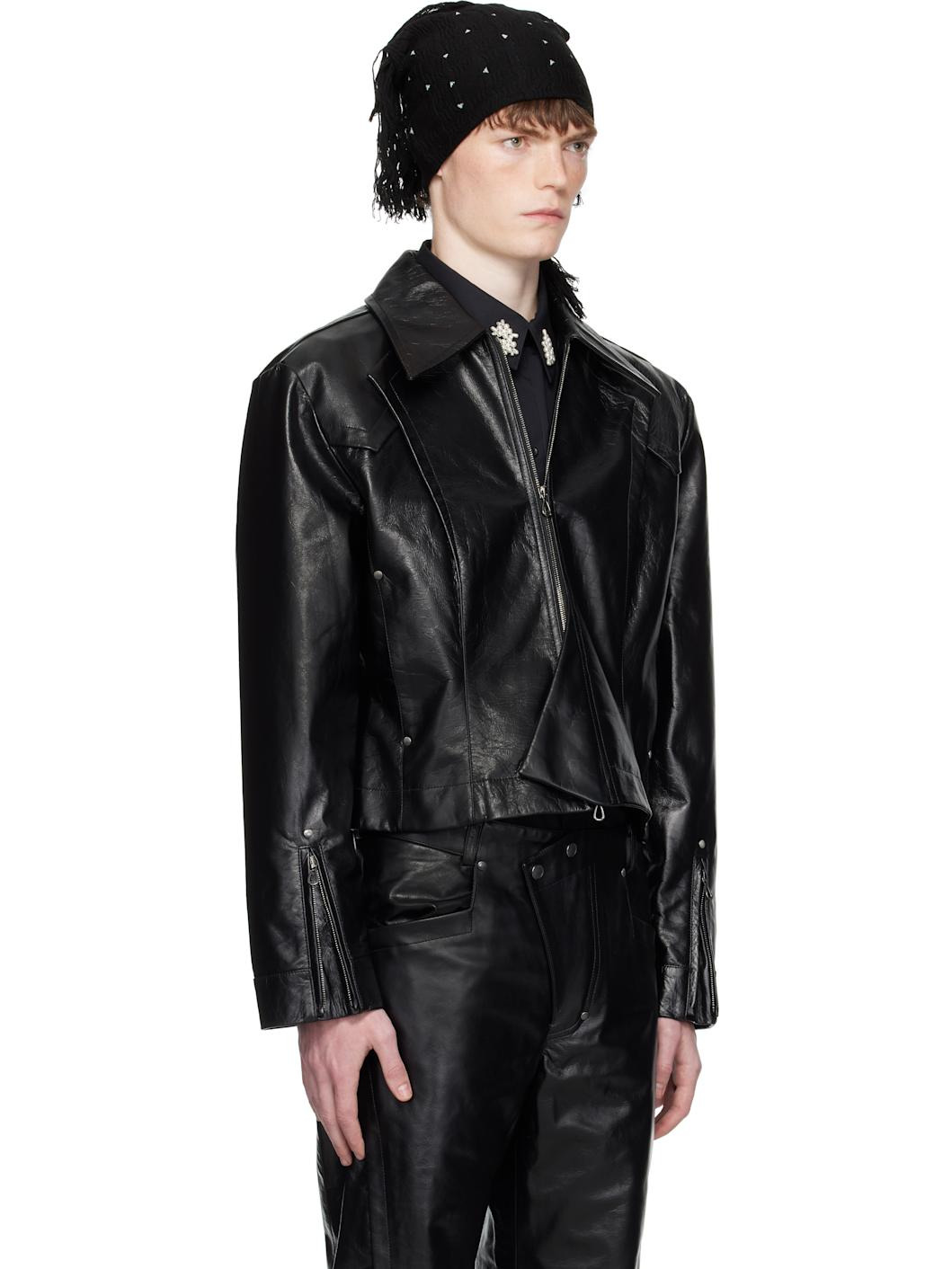 Black Kraner Cropped Leather Jacket - 2