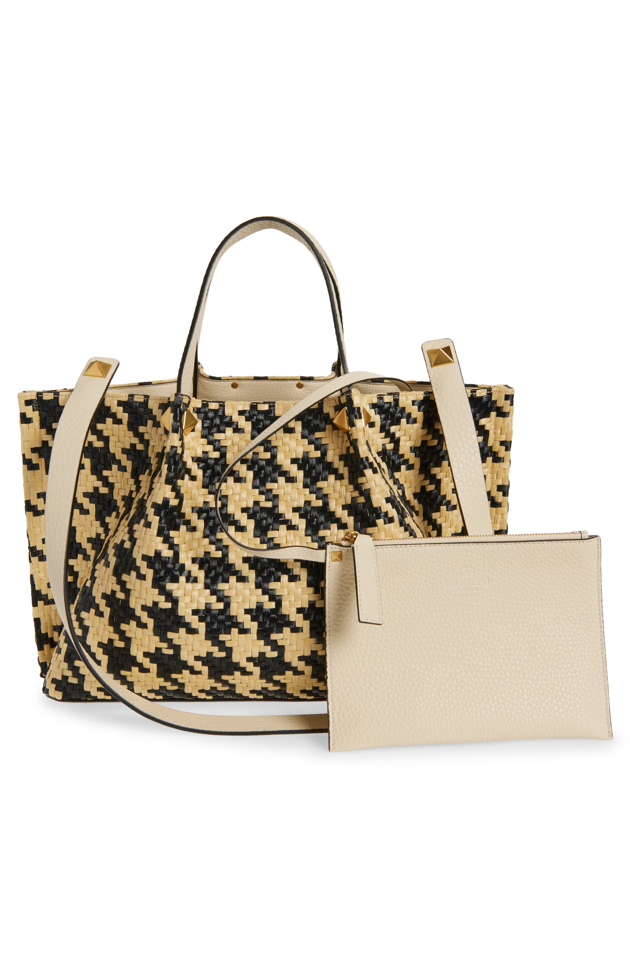 Valentino Garavani Medium VLOGO Signature Houndstooth Raffia Tote in Naturale Nero/Butter White at N - 4