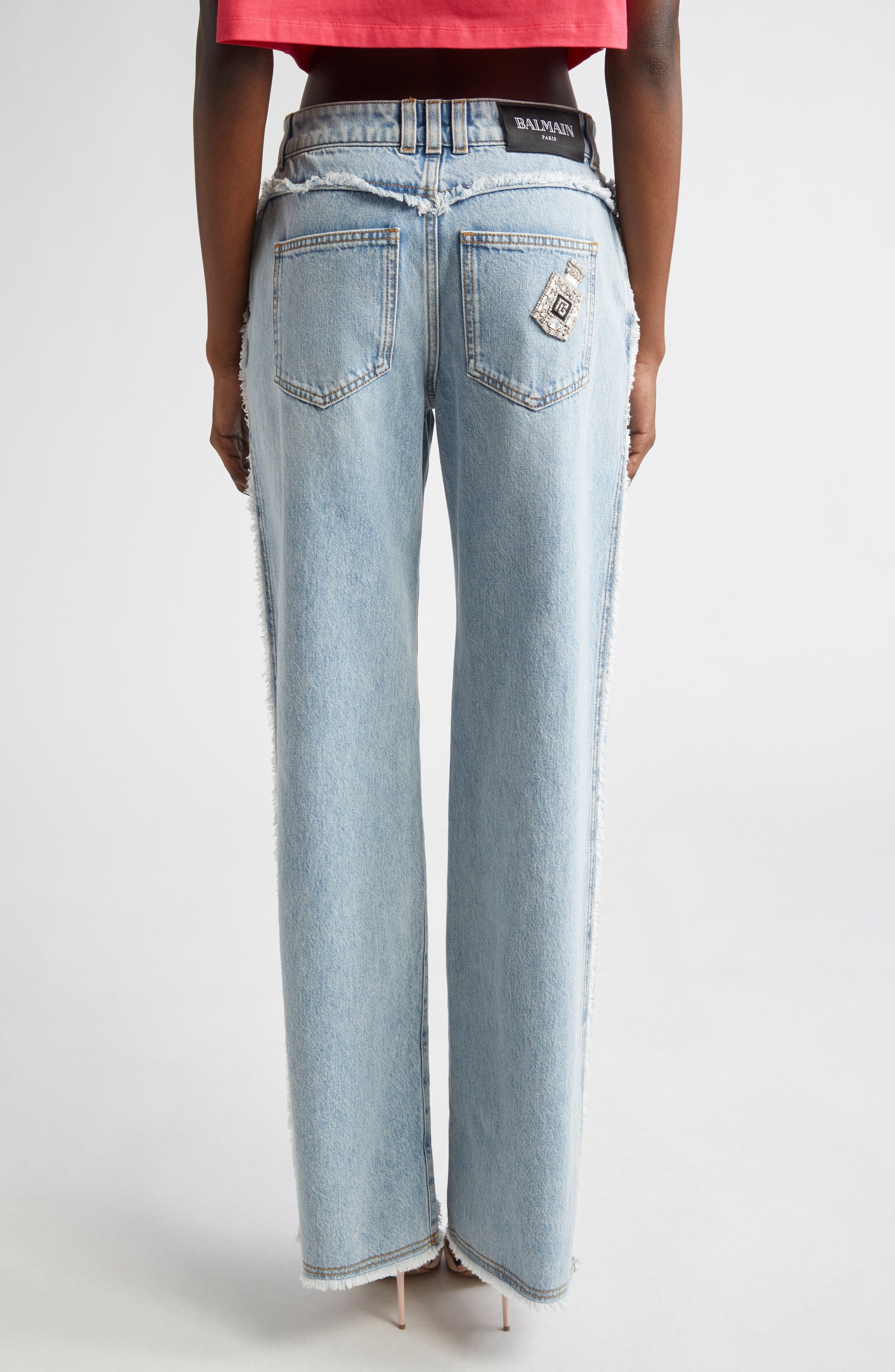 Balmain Raw Hem Straight Leg Jeans in Light Blue at Nordstrom - 3