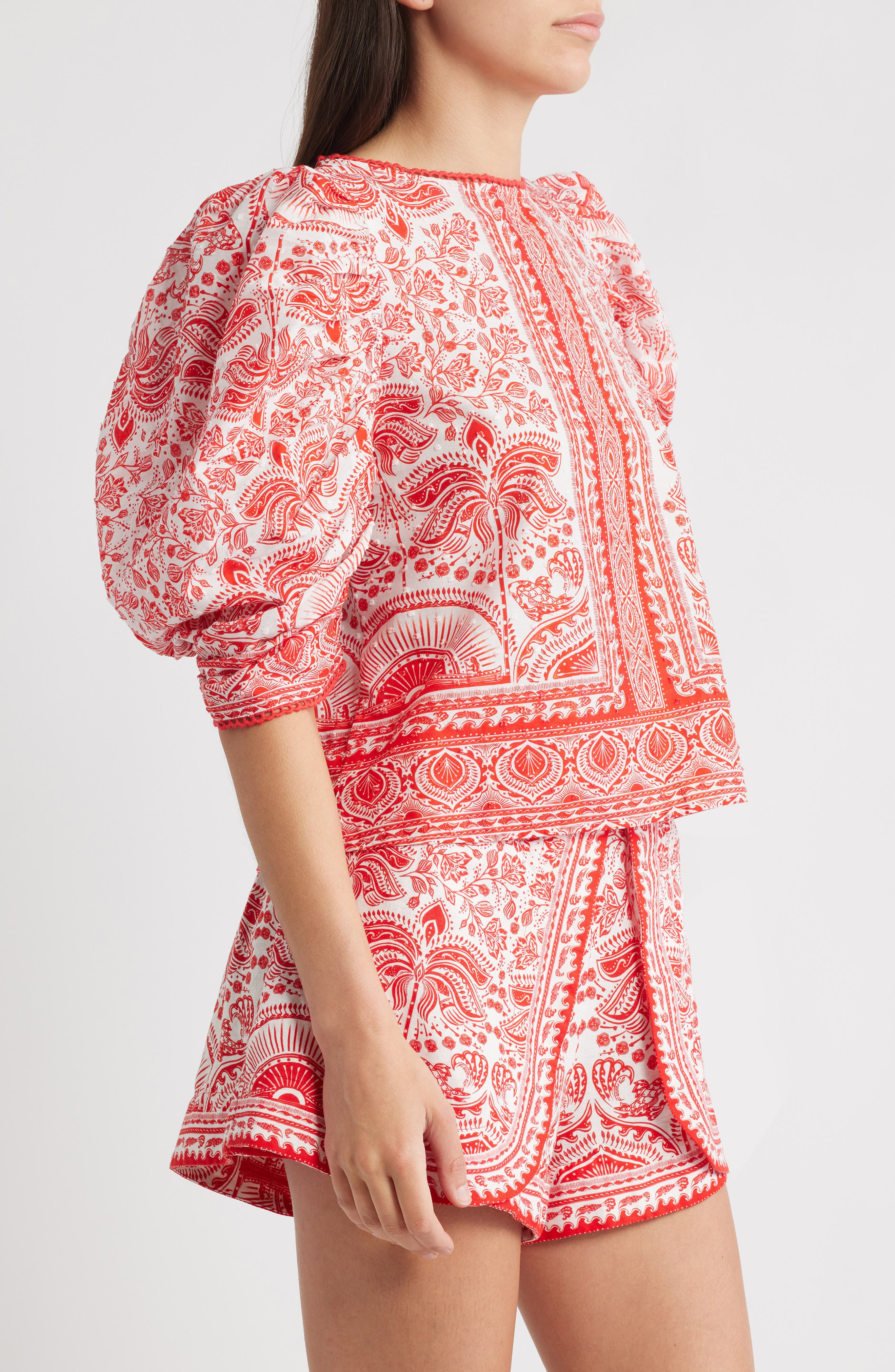FARM Rio River Ride Puff Sleeve Cotton Top in Red at Nordstrom - 3