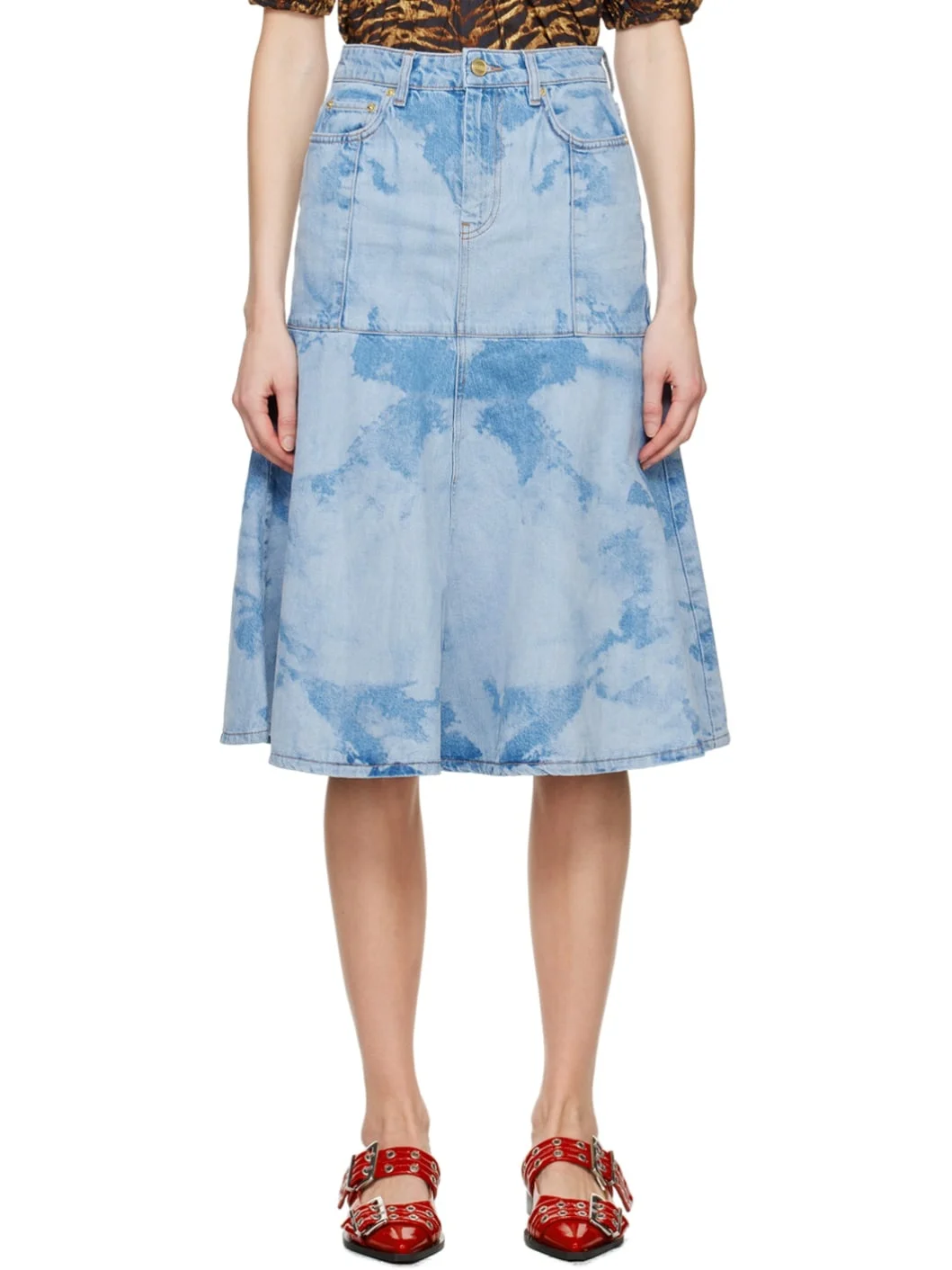 BLUE BLEACH DENIM FLOUNCE MIDI SKIRT - 1