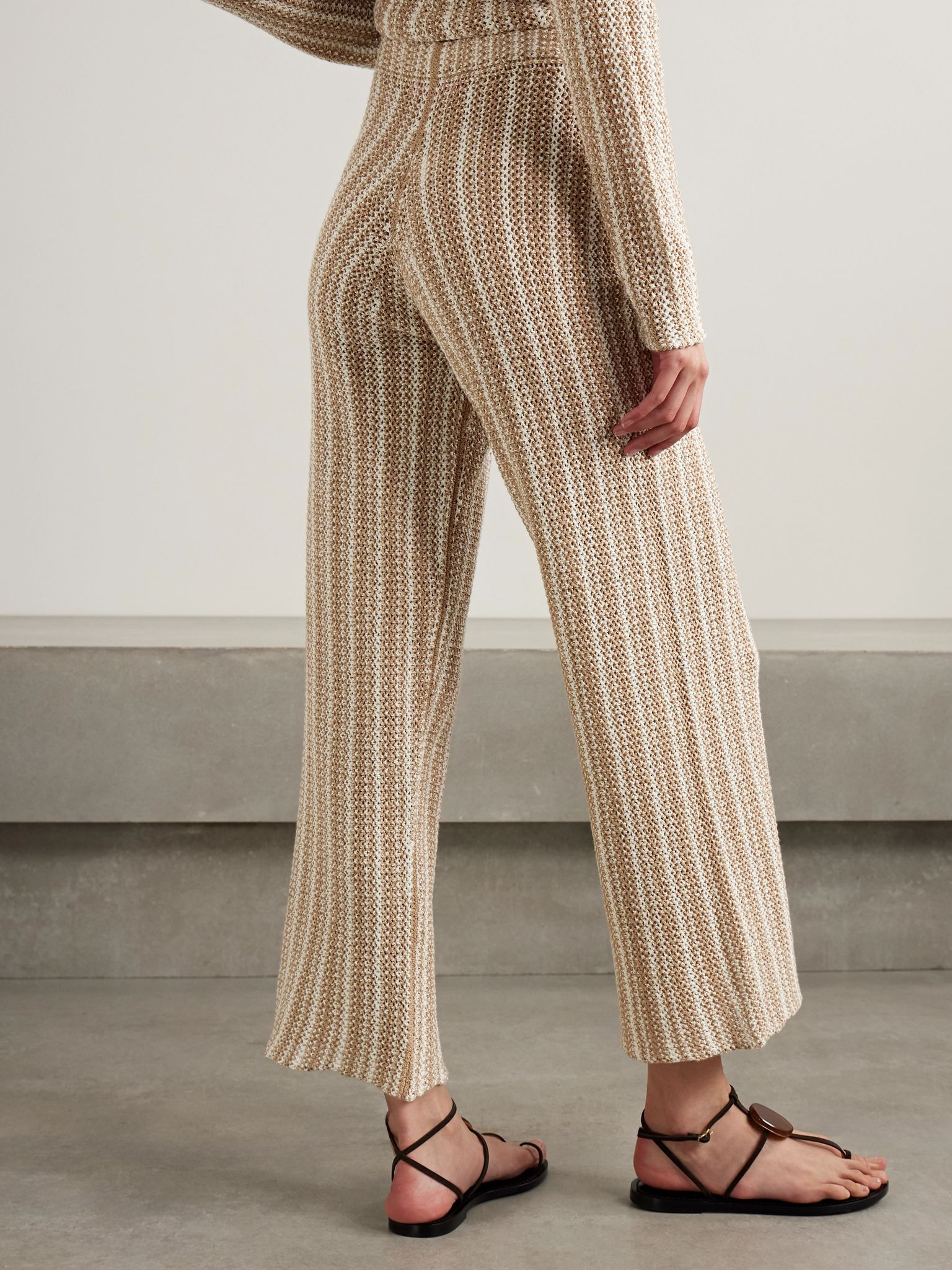 Striped crocheted cotton straight-leg pants Tan - 3