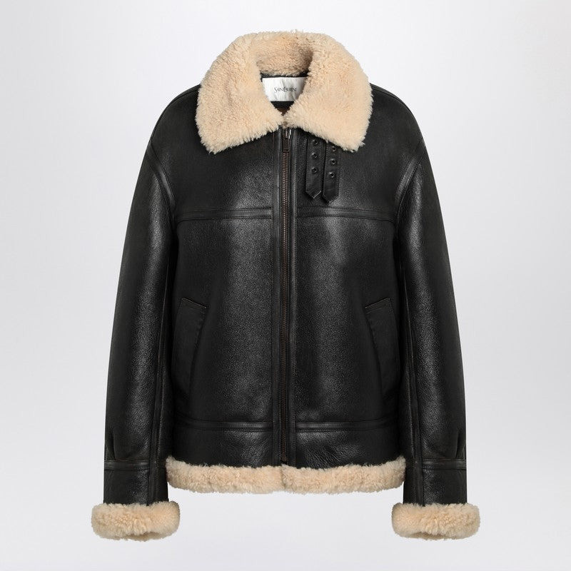 Saint Laurent Black Leather And Shearling Jacket Women 1
