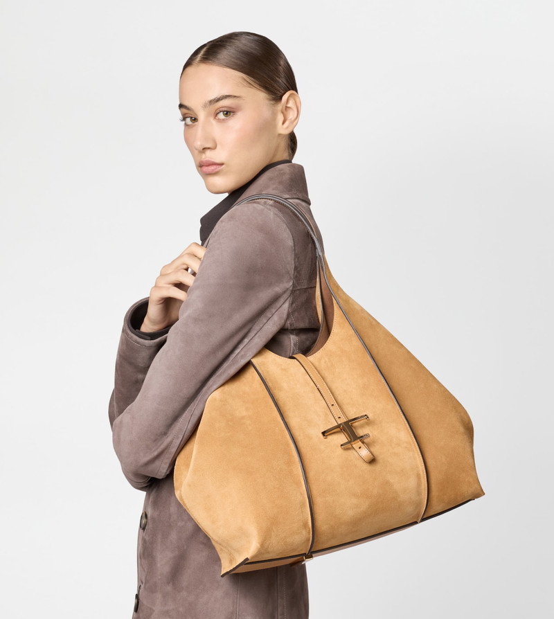Tod's T TIMELESS SHOPPING BAG IN SUEDE MEDIUM - BROWN outlook