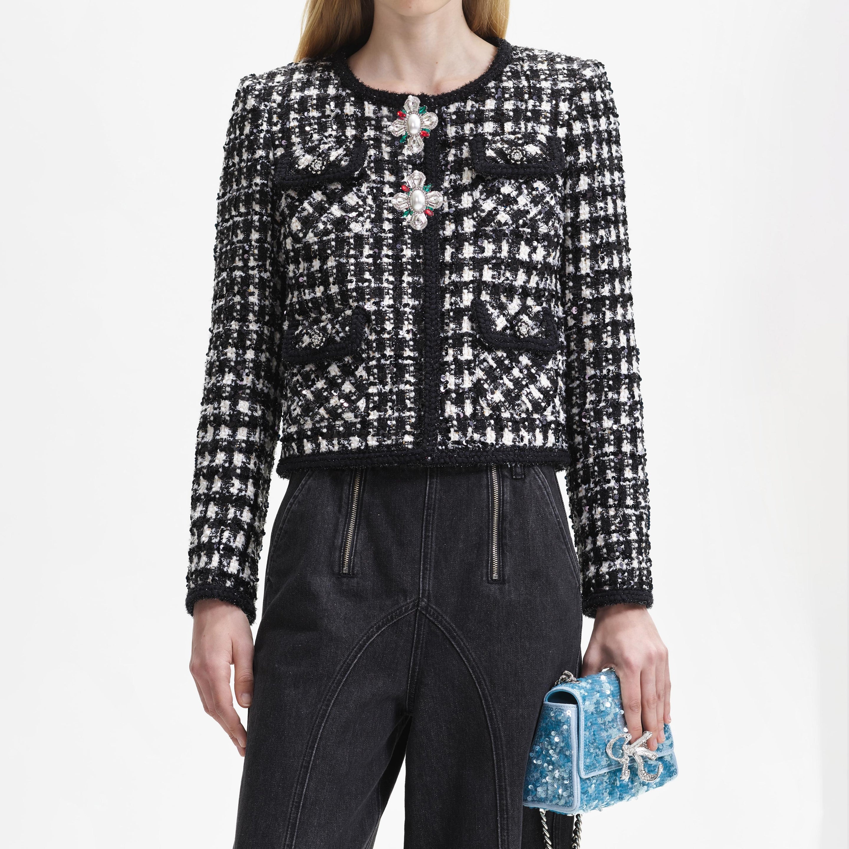 Black Check Boucle Jacket - 4