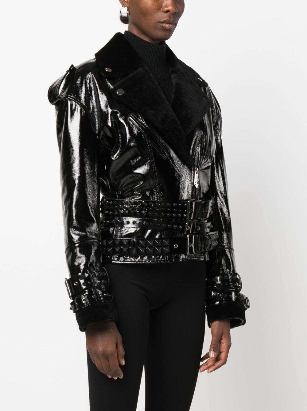 shearling-collar patent-leather jacket - 3