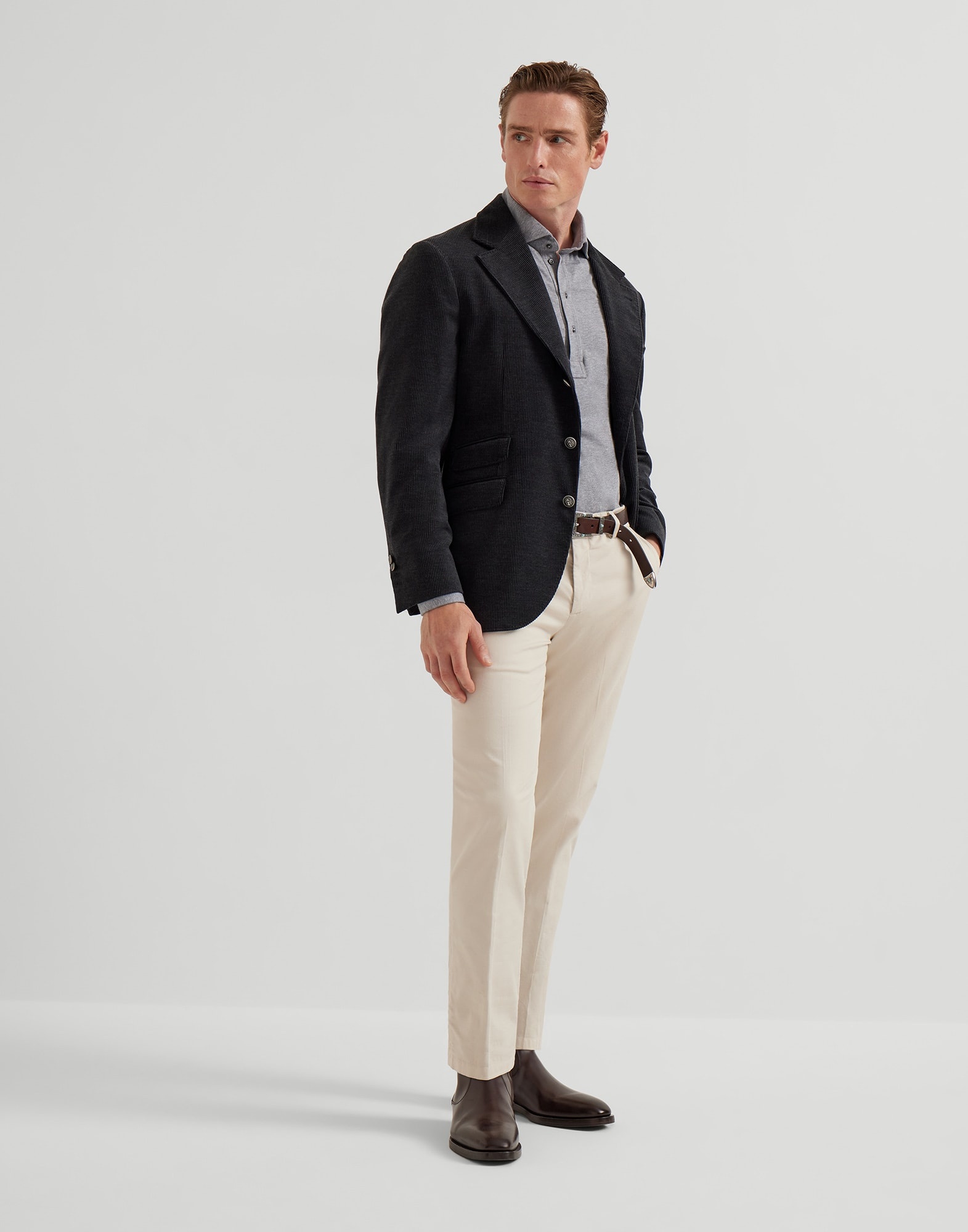 Cotton jersey long sleeve polo with shirt-style collar - 5