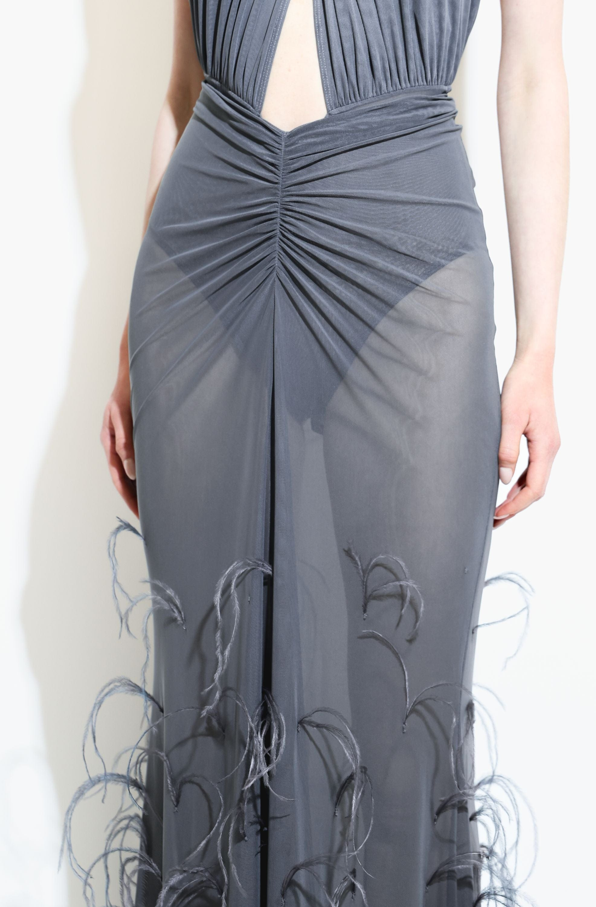 Mesh Ruched Maxi Skirt With Feathers - 4