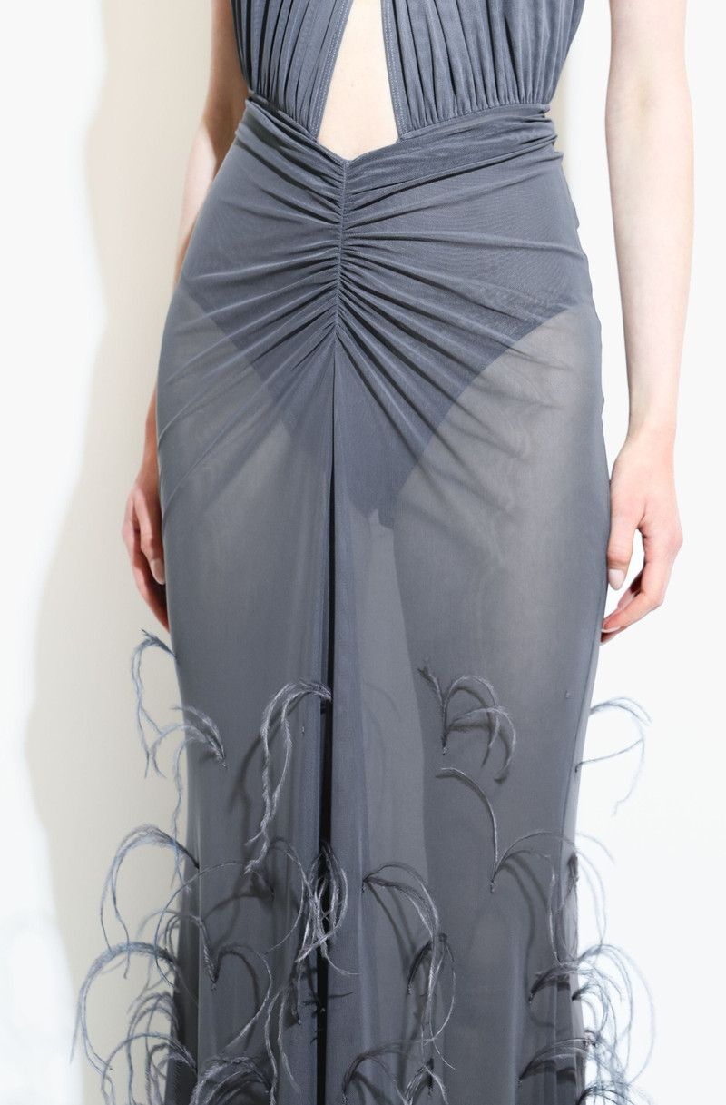 Mesh Ruched Maxi Skirt With Feathers 4