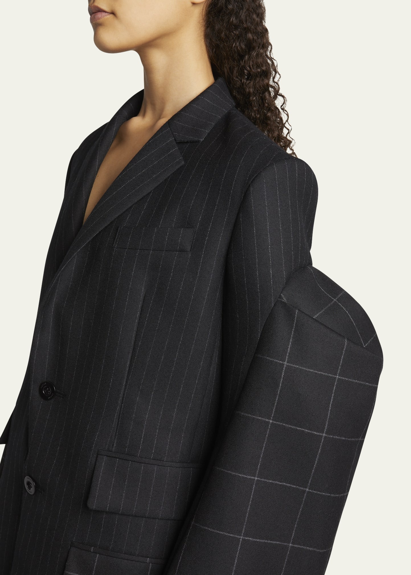 Pinstripe Windowpane Wool Blazer with Oversized Sleeves - 5