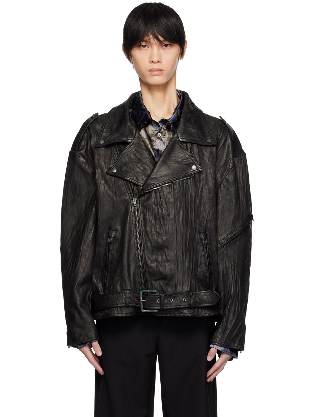 Black Crinkled Leather Jacket - 1