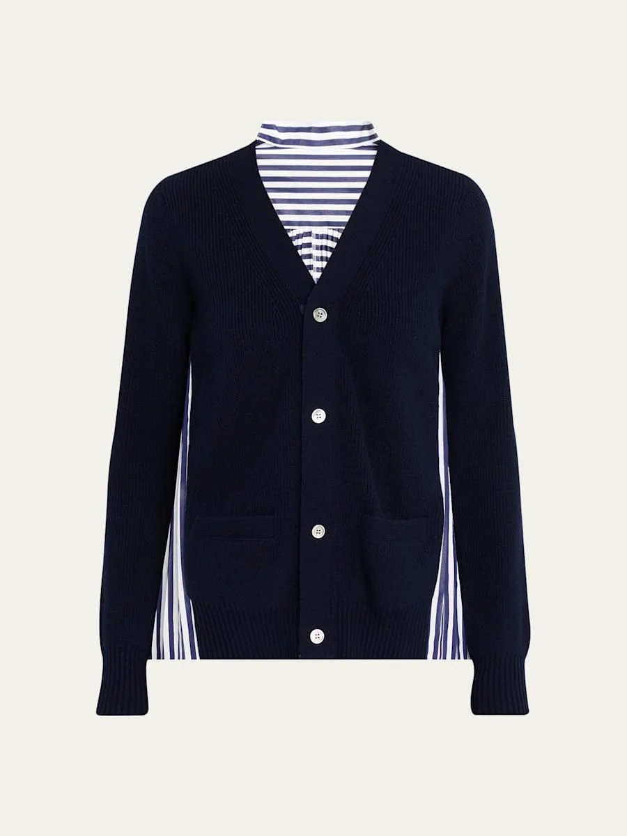 Wool Knit And Cotton Poplin V-Neck Cardigan - 1