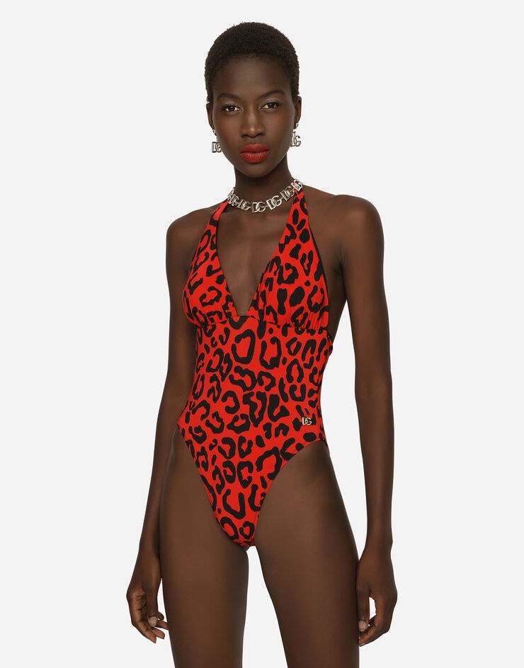 Leopard-print one-piece swimsuit with plunging neckline - 4