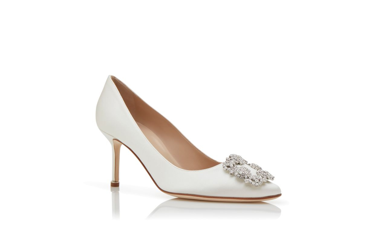 Light Cream Satin Jewel Buckle Pumps - 3