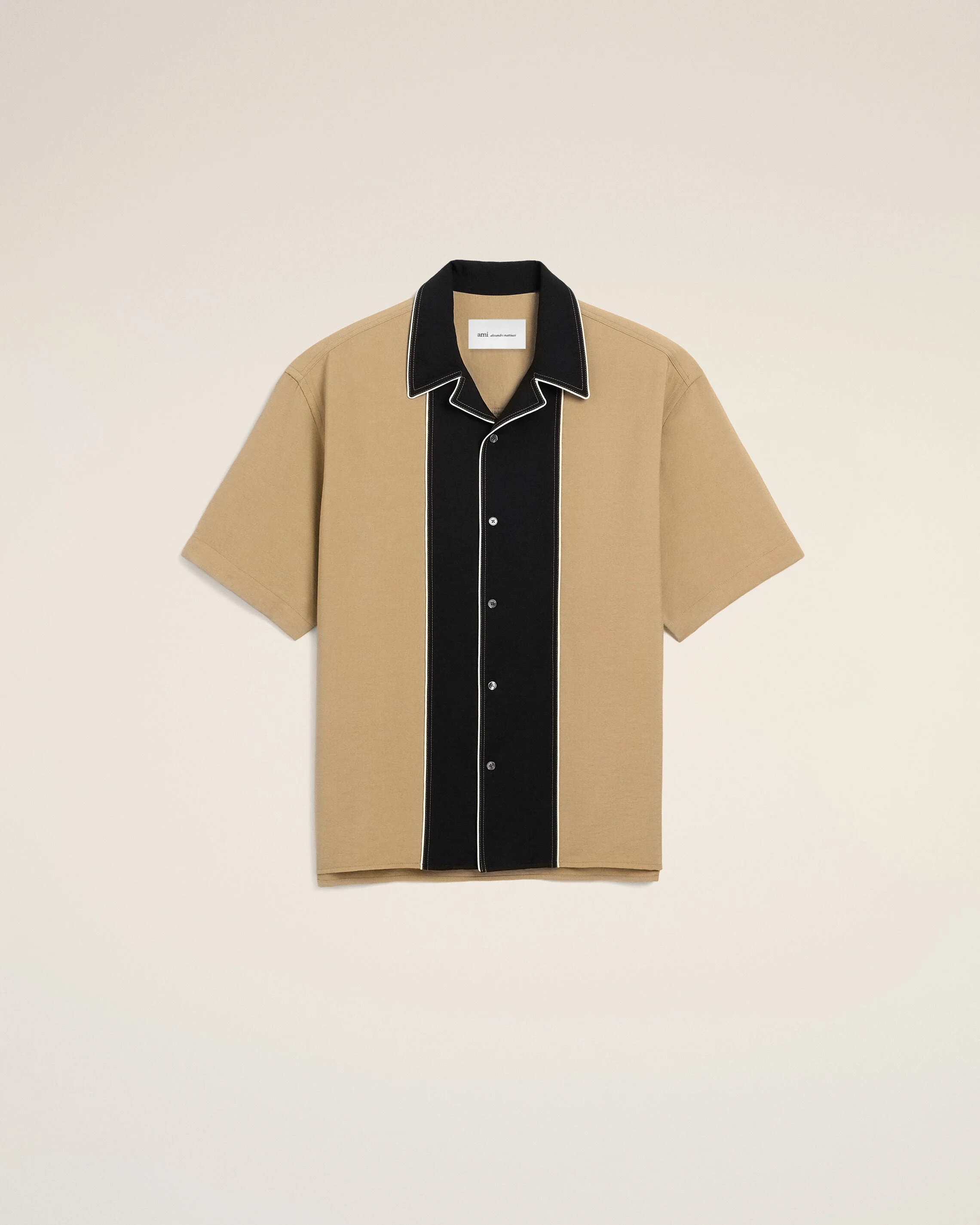 BEIGE BOXY BICOLOR VISCOSE TWILL SHORT-SLEEVE SHIRT - 1