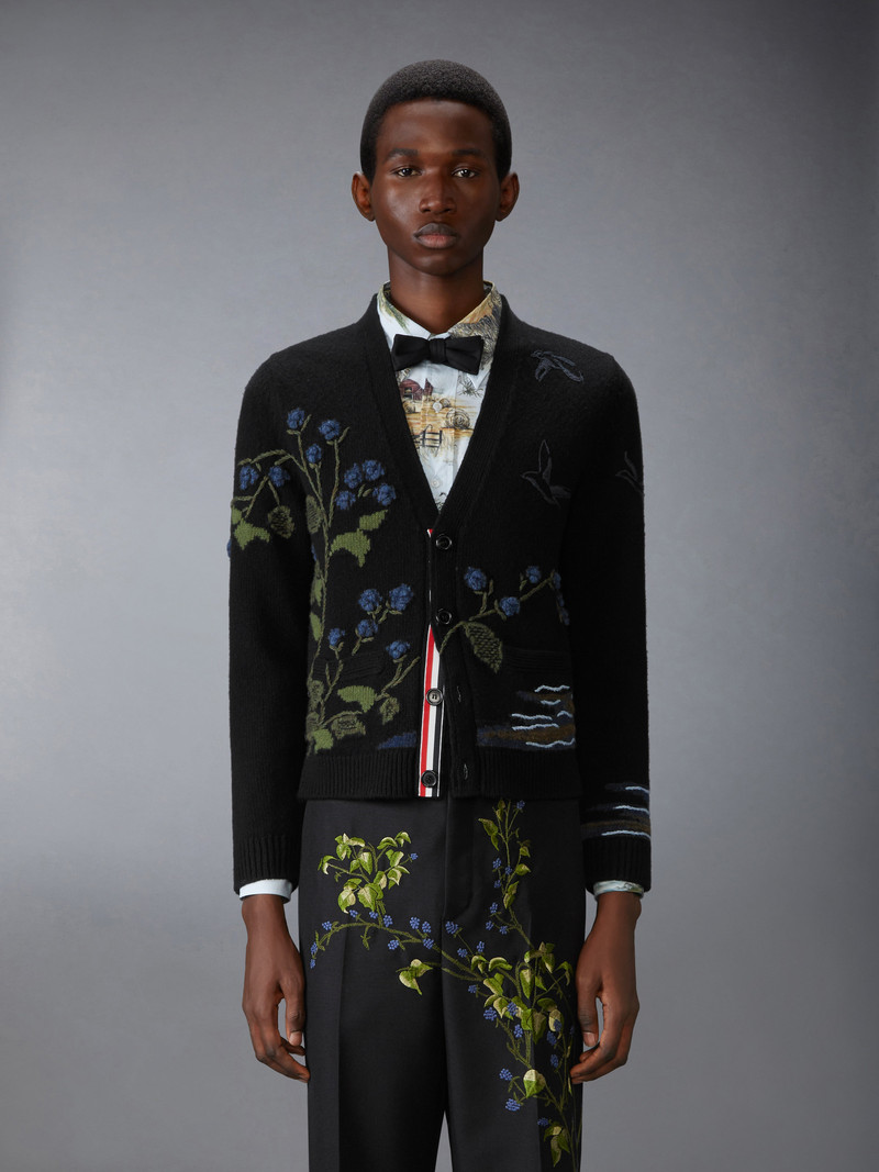 Thom Browne SCENIC INTARSIA FINE MERINO WOOL V NECK CARDIGAN outlook