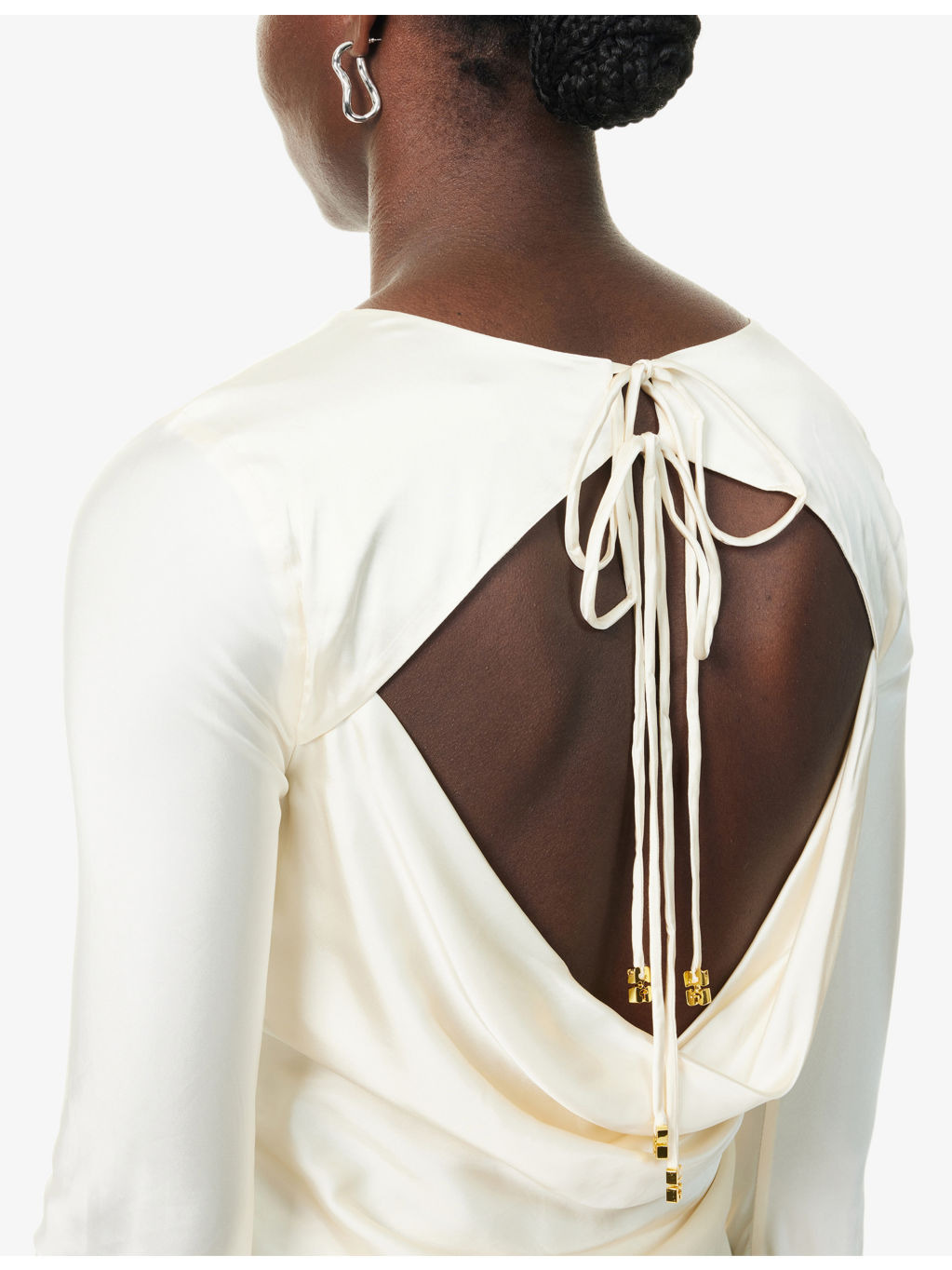 Bell-Sleeves Curved-Neckline Satin Blouse - 5