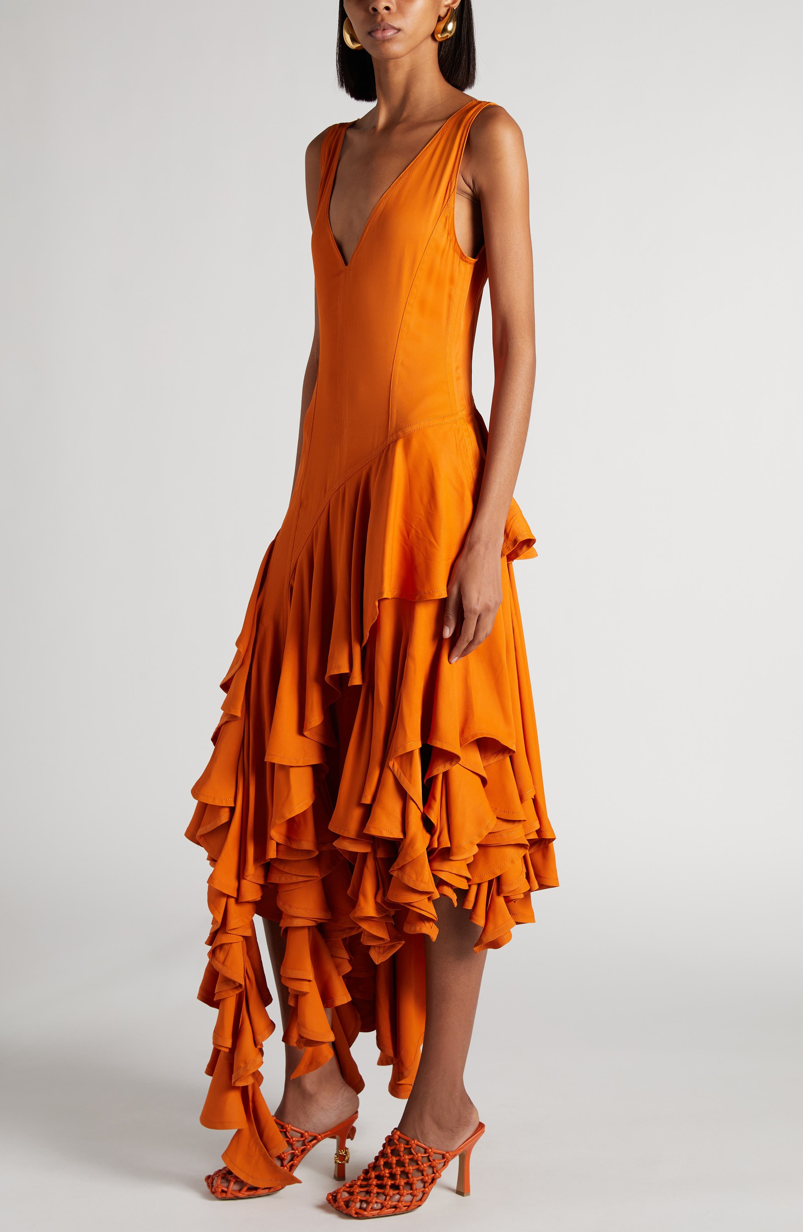 Bottega Veneta Asymmetric Tiered Ruffle Dress in 7367 Apricot at Nordstrom - 4