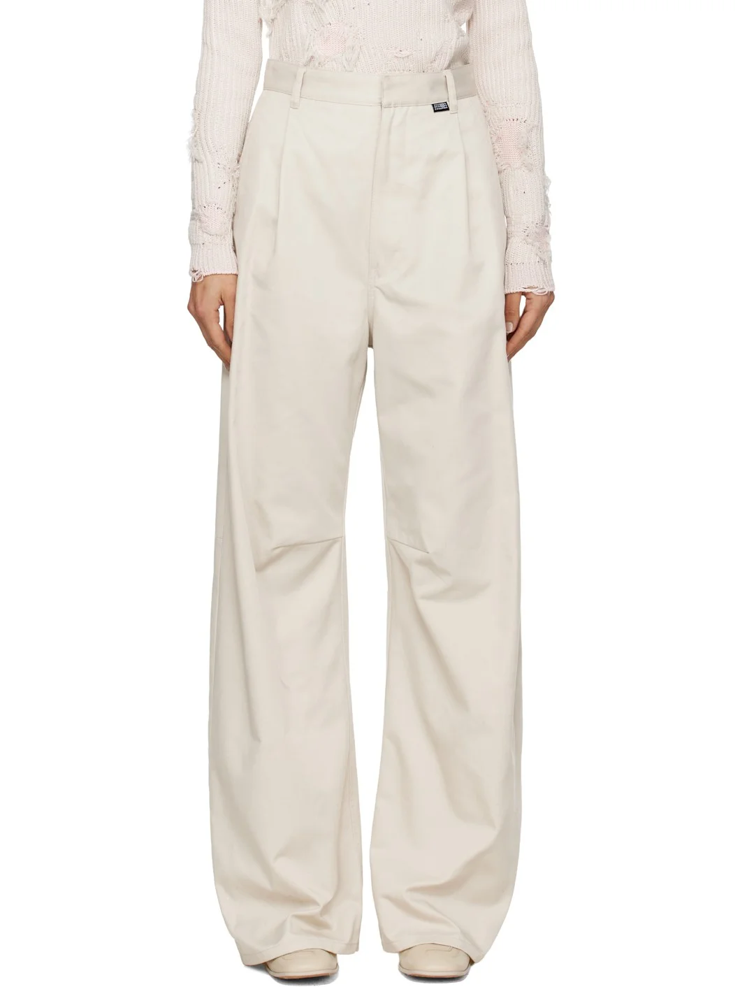 Beige Wide Leg Twill Trousers - 1