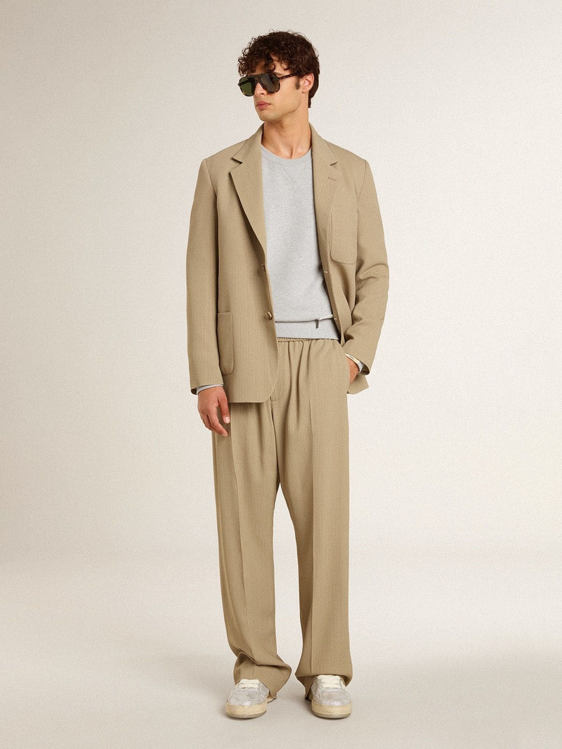 Men's beige pinstripe single-breasted jacket with an oversized fit 3