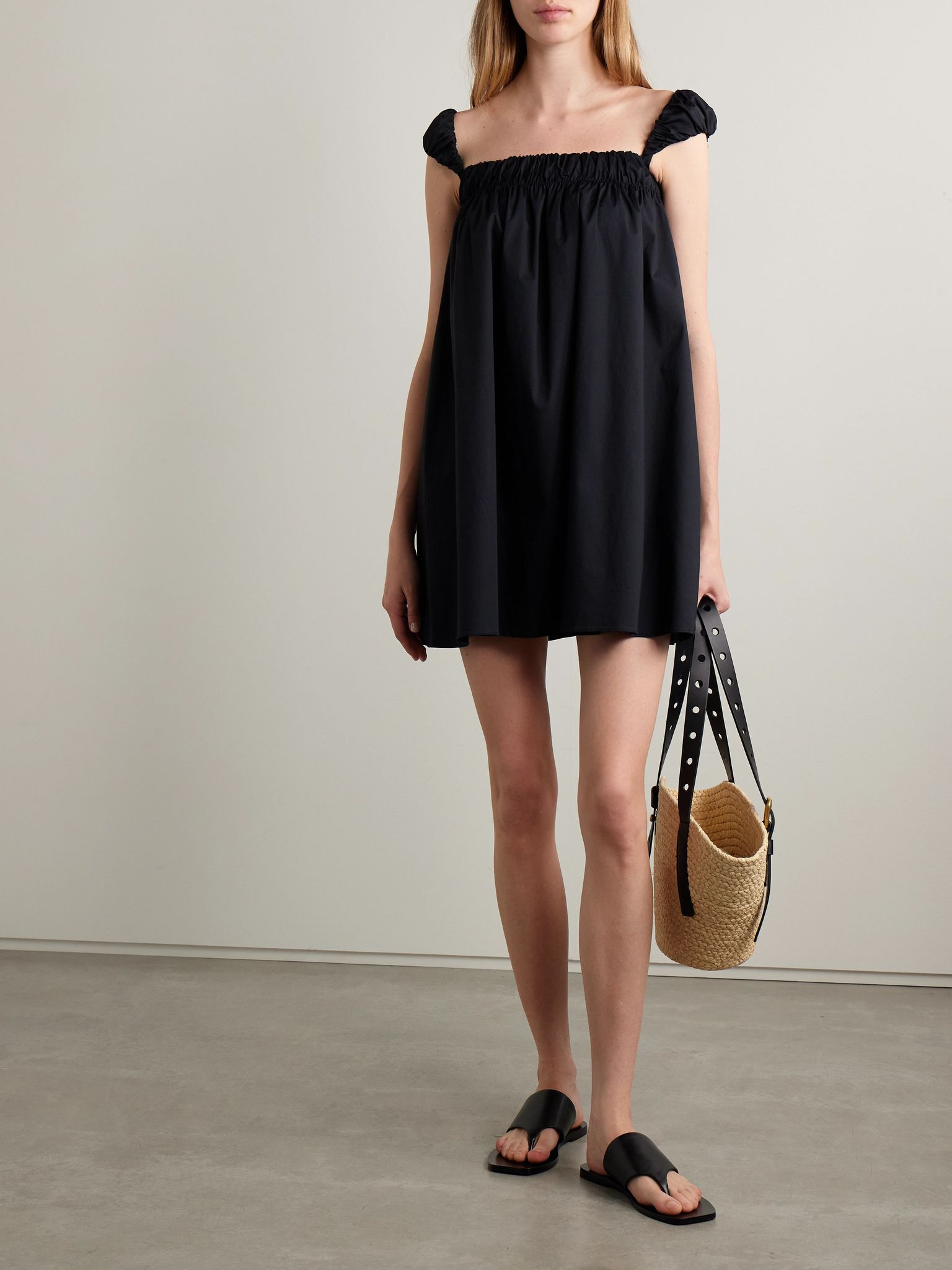 Beau gathered cotton-blend poplin mini dress Black - 2