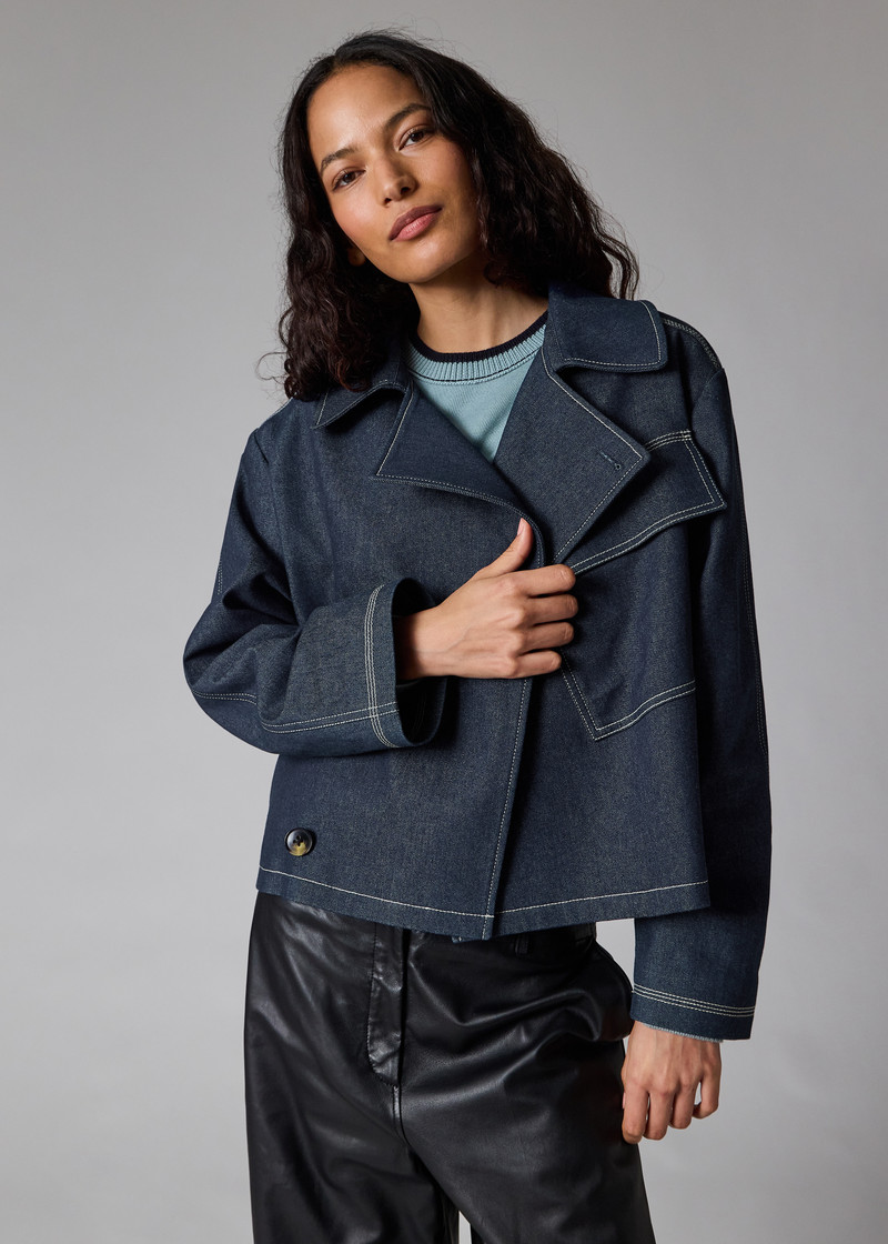 Denim Cotton-Blend Cropped Asymmetric Jacket with Topstitching 14