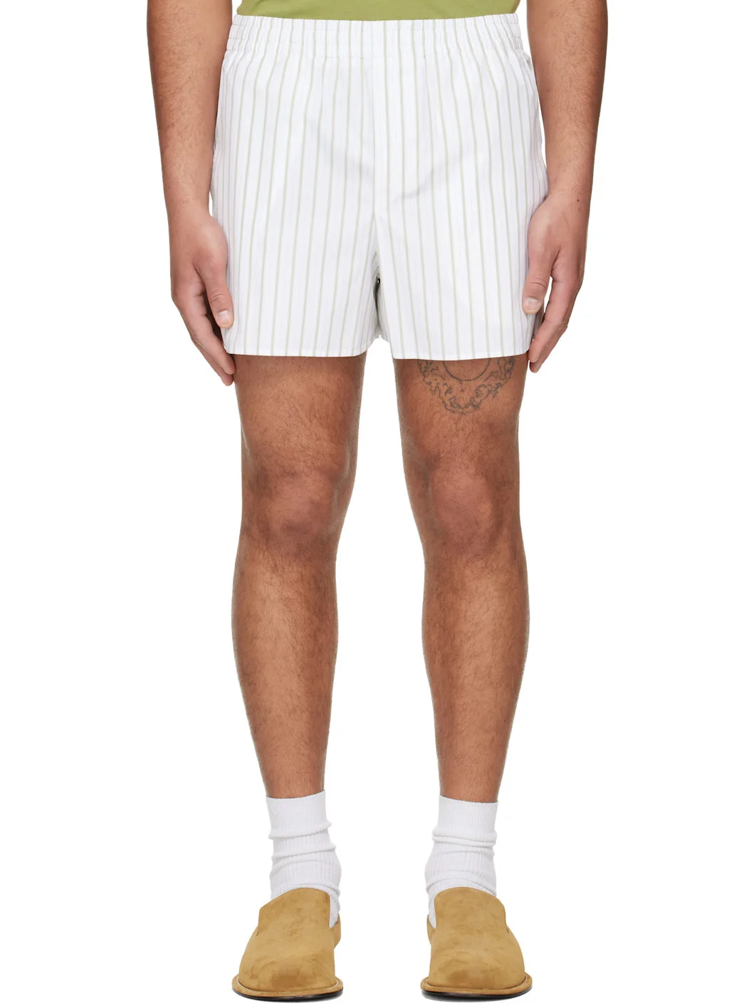 Off-White & Green Cotton Elasticated Shorts - 1