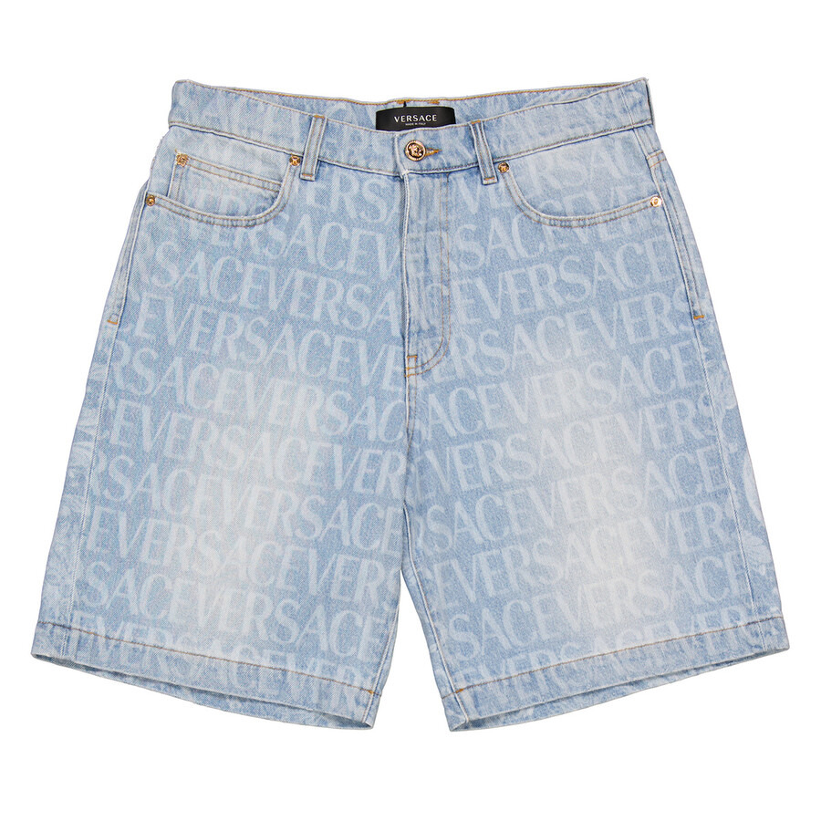 Versace Men's Light Blue Allover Denim Shorts - 5