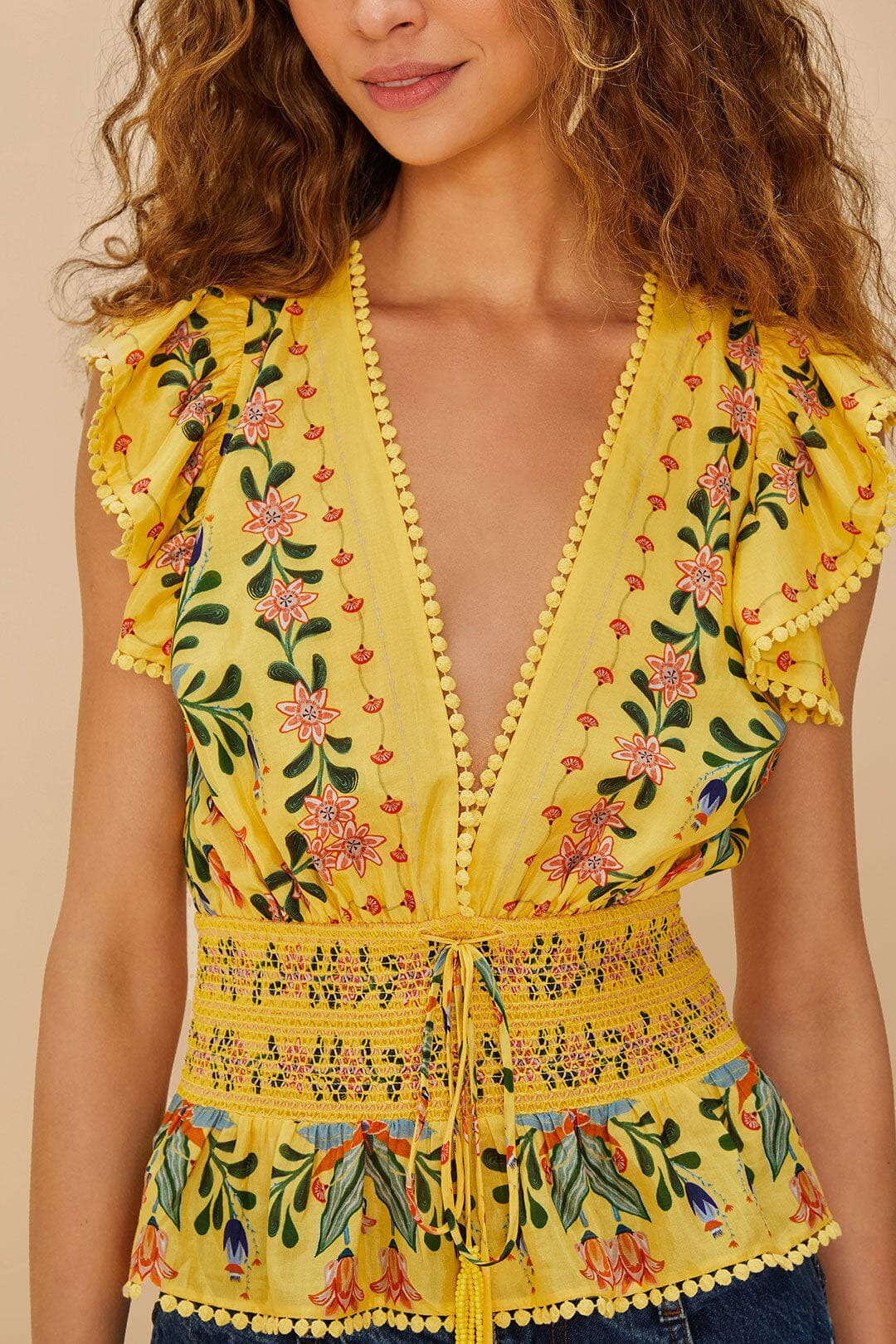 Yellow Delicate Flowers Stripes Blouse - 2