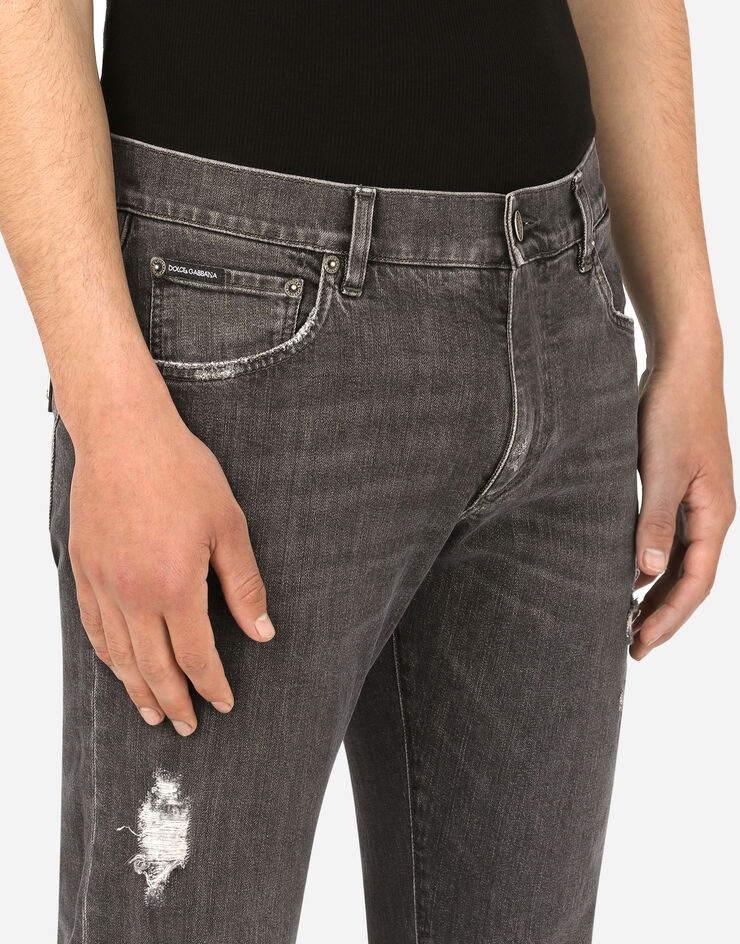 Gray slim-fit stretch jeans with rips - 4