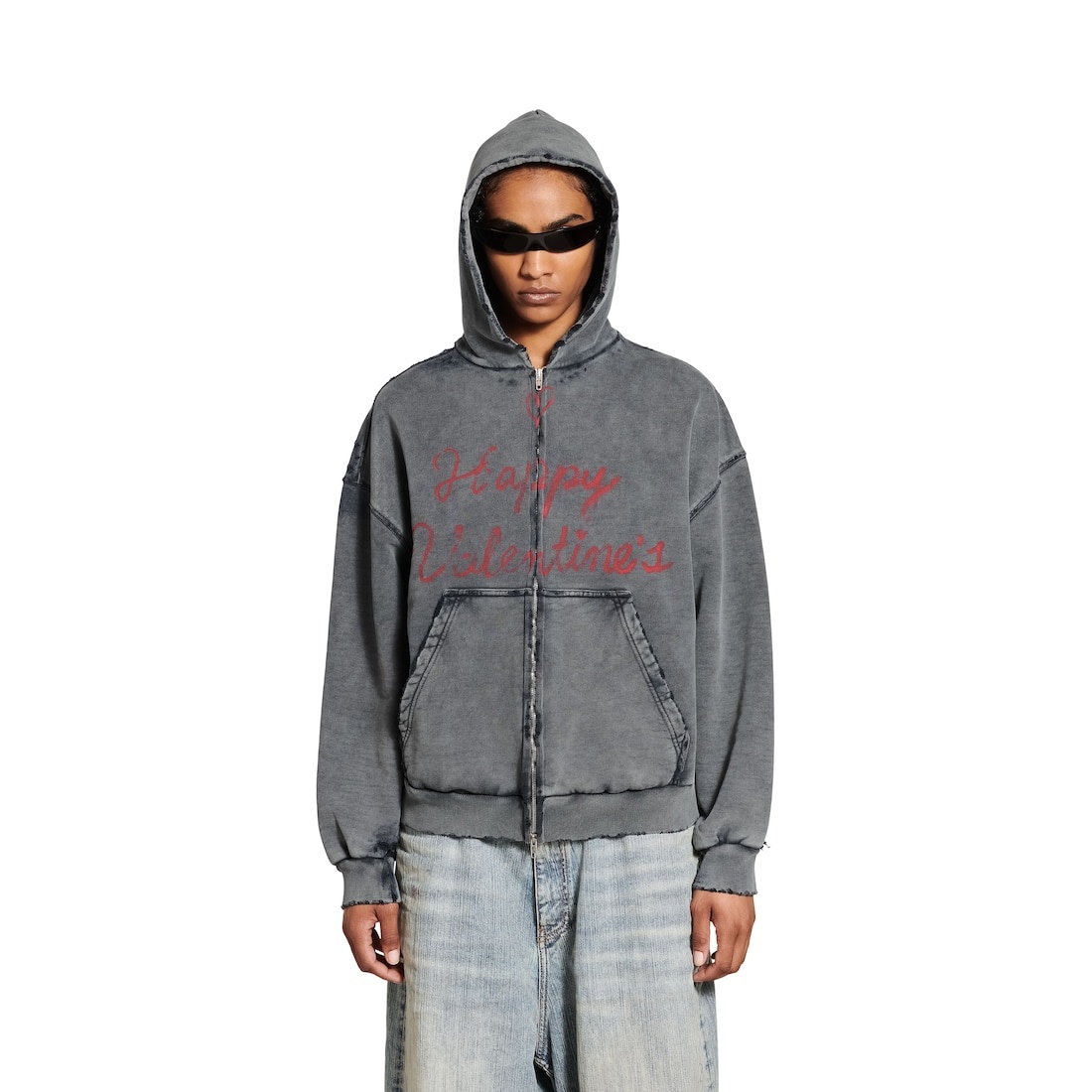 Women's Lipstick Valentines Zip-up Hoodie Regular Fit in Black Faded - 5