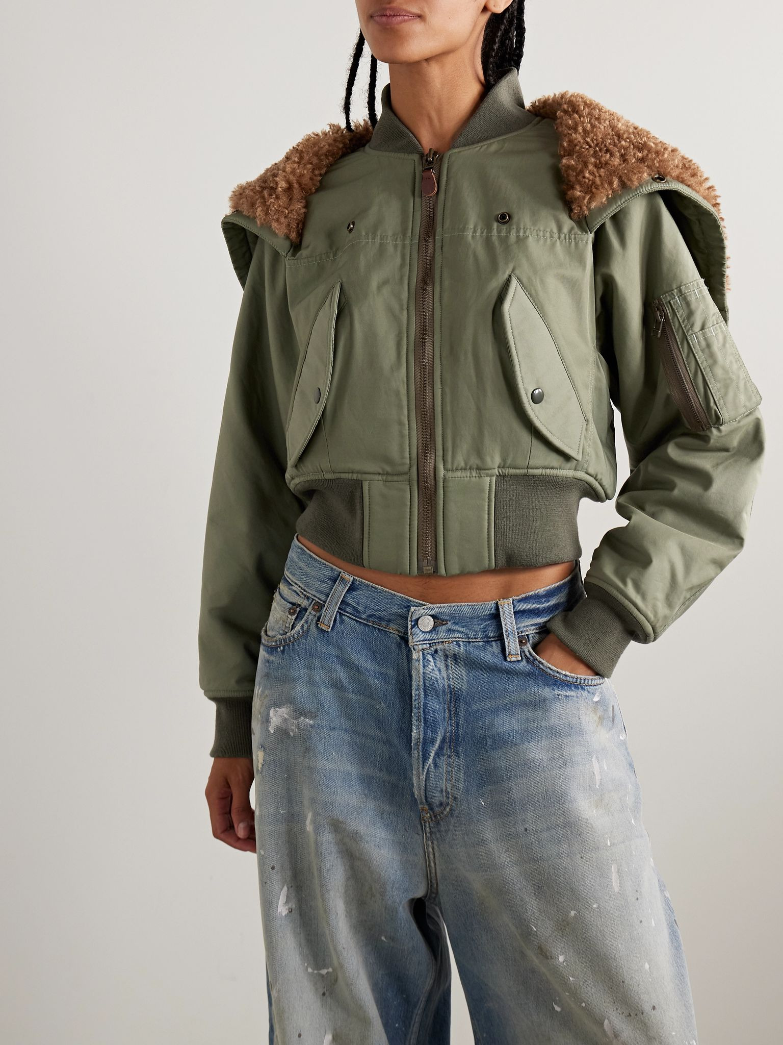 Cropped fleece-trimmed padded cotton-blend shell bomber jacket Sage green - 3