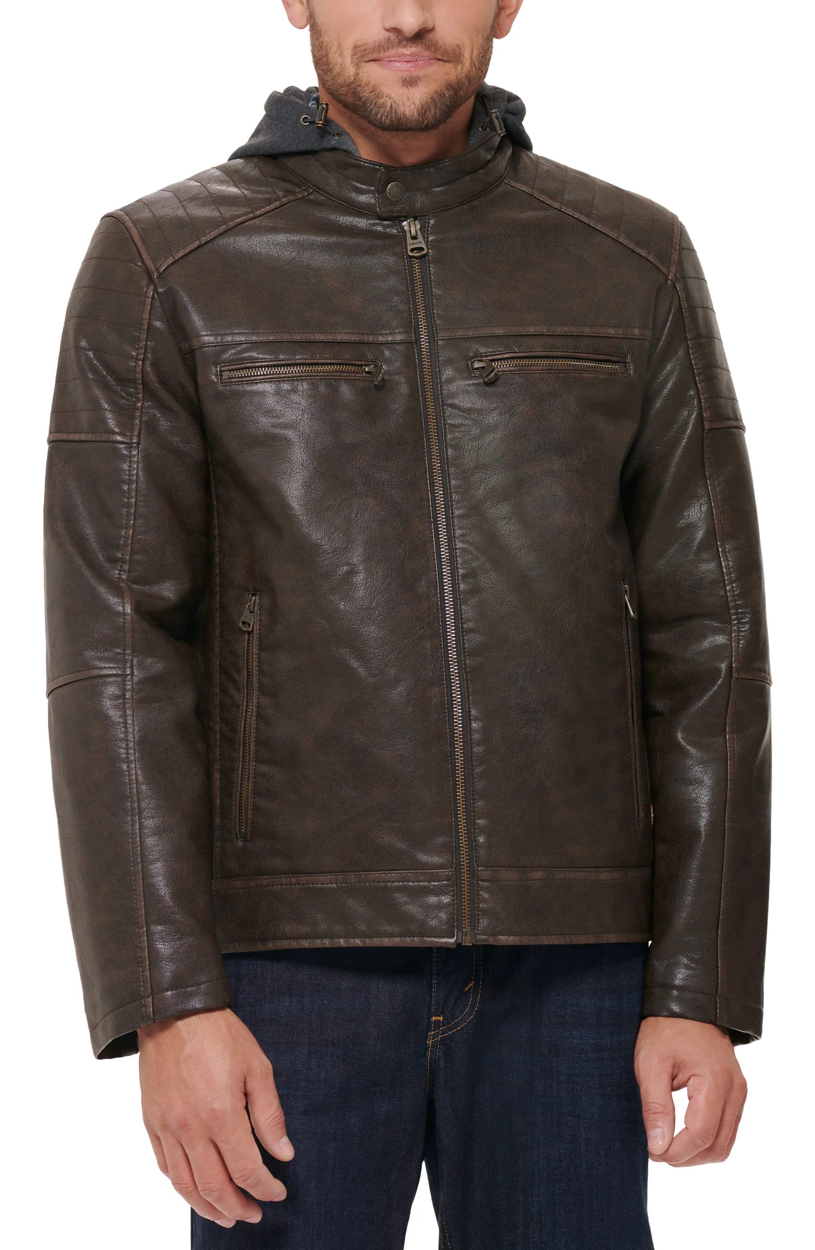 Faux Leather Hooded Moto Racer Jacket - 1