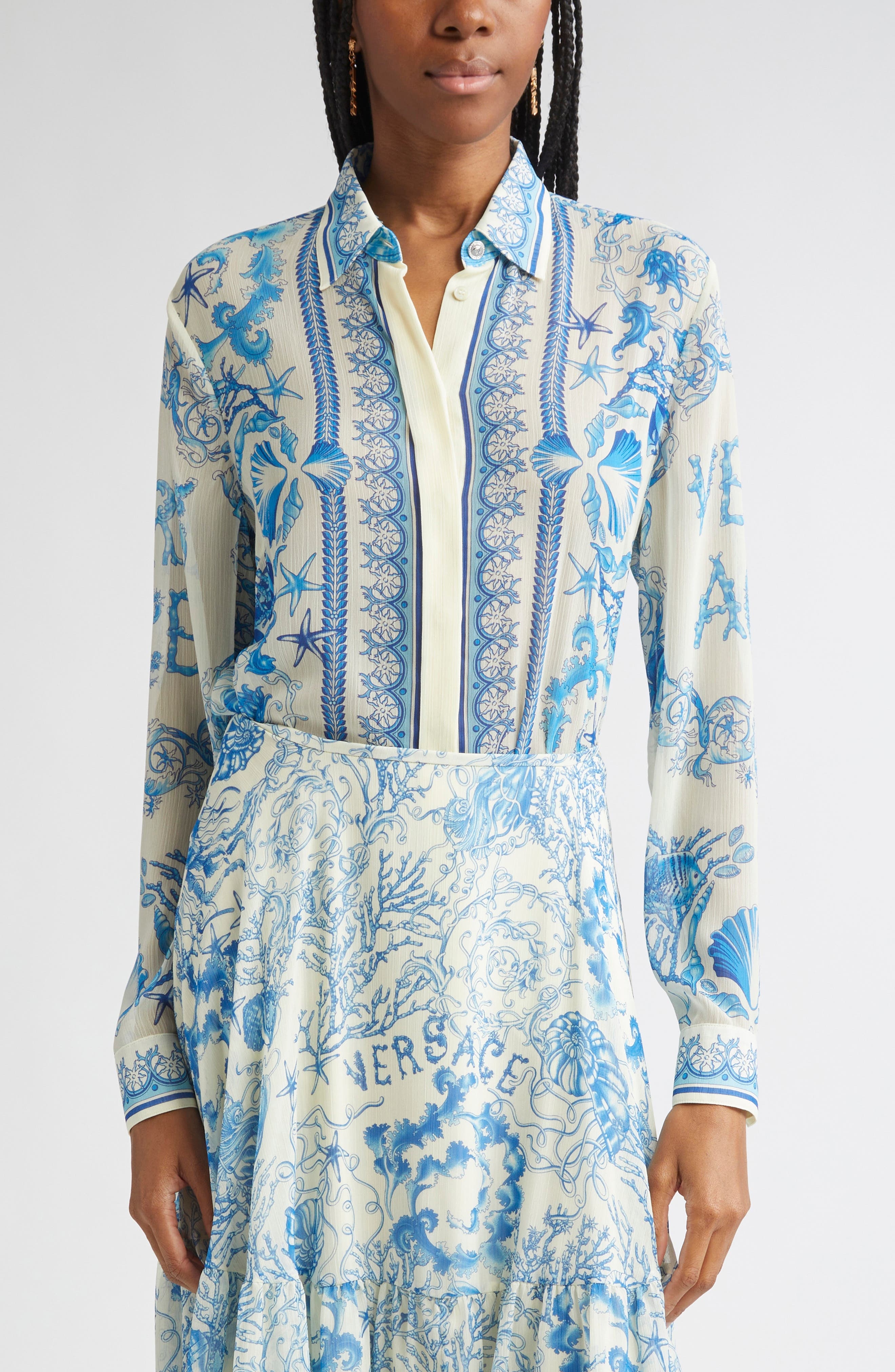 Versace Underwater Barocco Techno Crepon Button-Up Shirt in Eggshell Bright Dv Blue at Nordstrom - 1