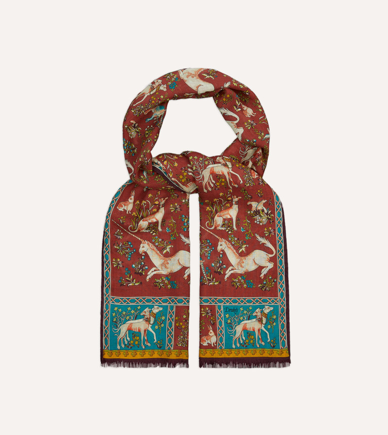 Red Unicorn Tile Print Wool-Silk Scarf 4