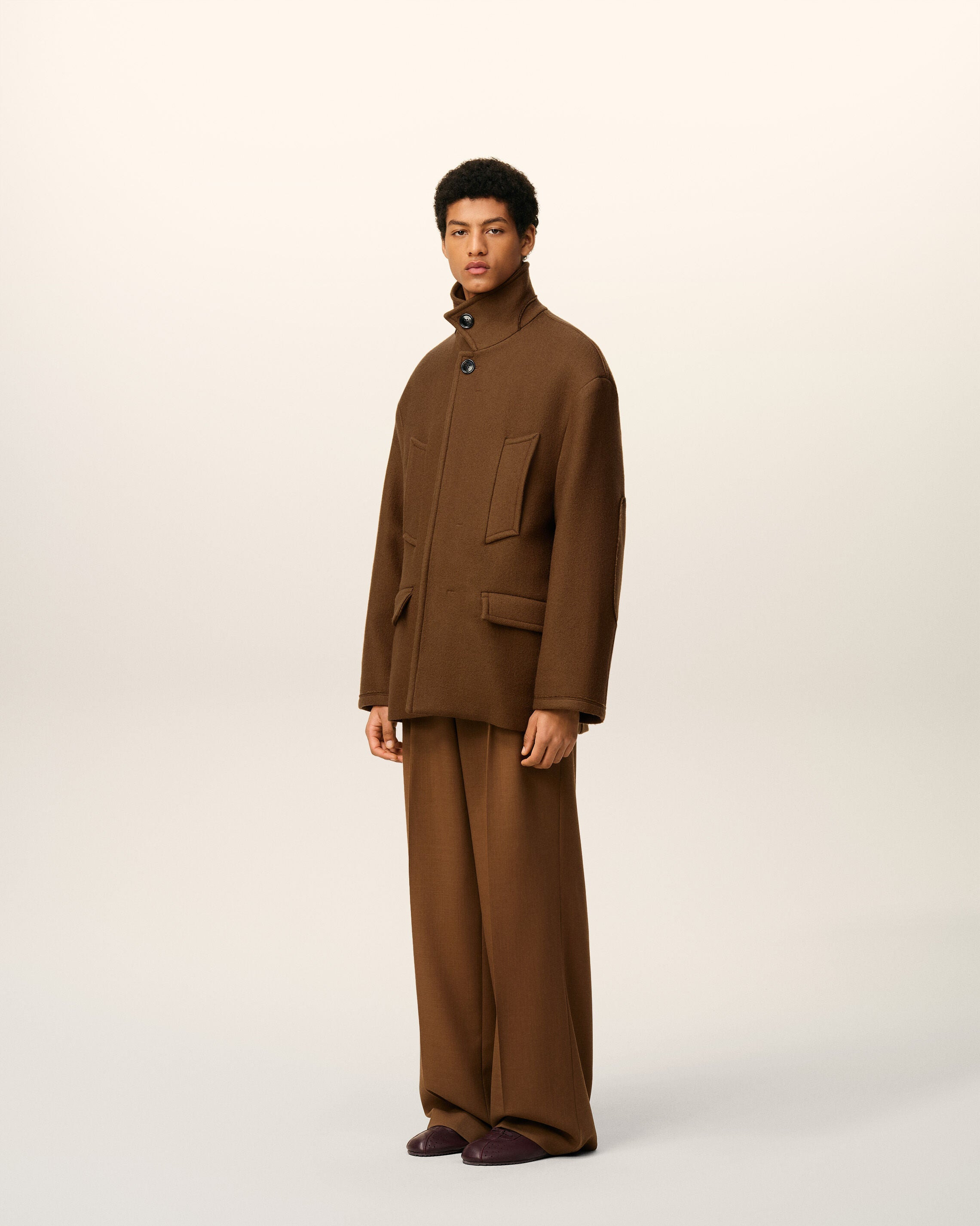 BROWN WOOL OVERSIZED HIGH COLLAR PEA COAT - 6