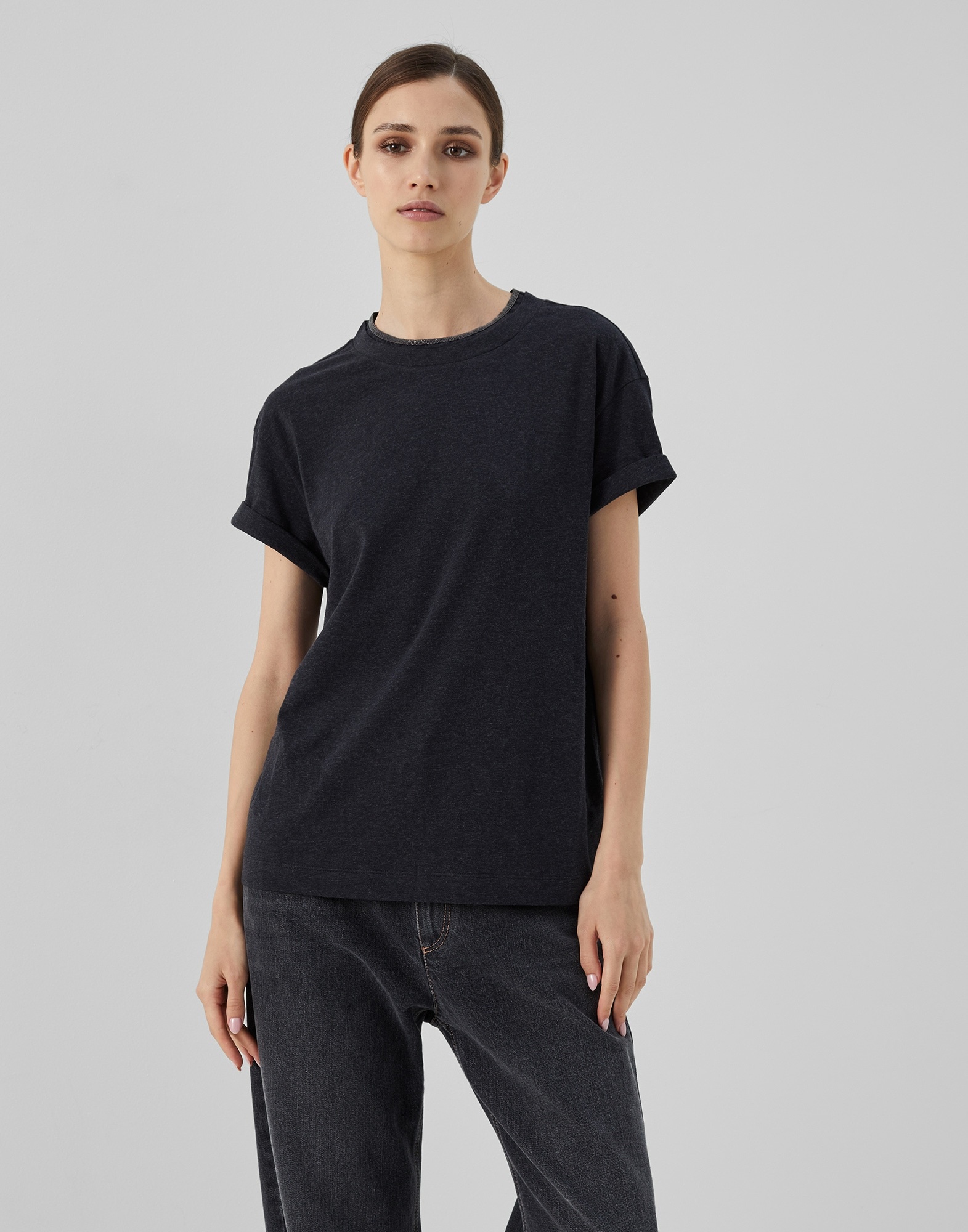 Stretch cotton jersey T-shirt with precious faux-layering - 1